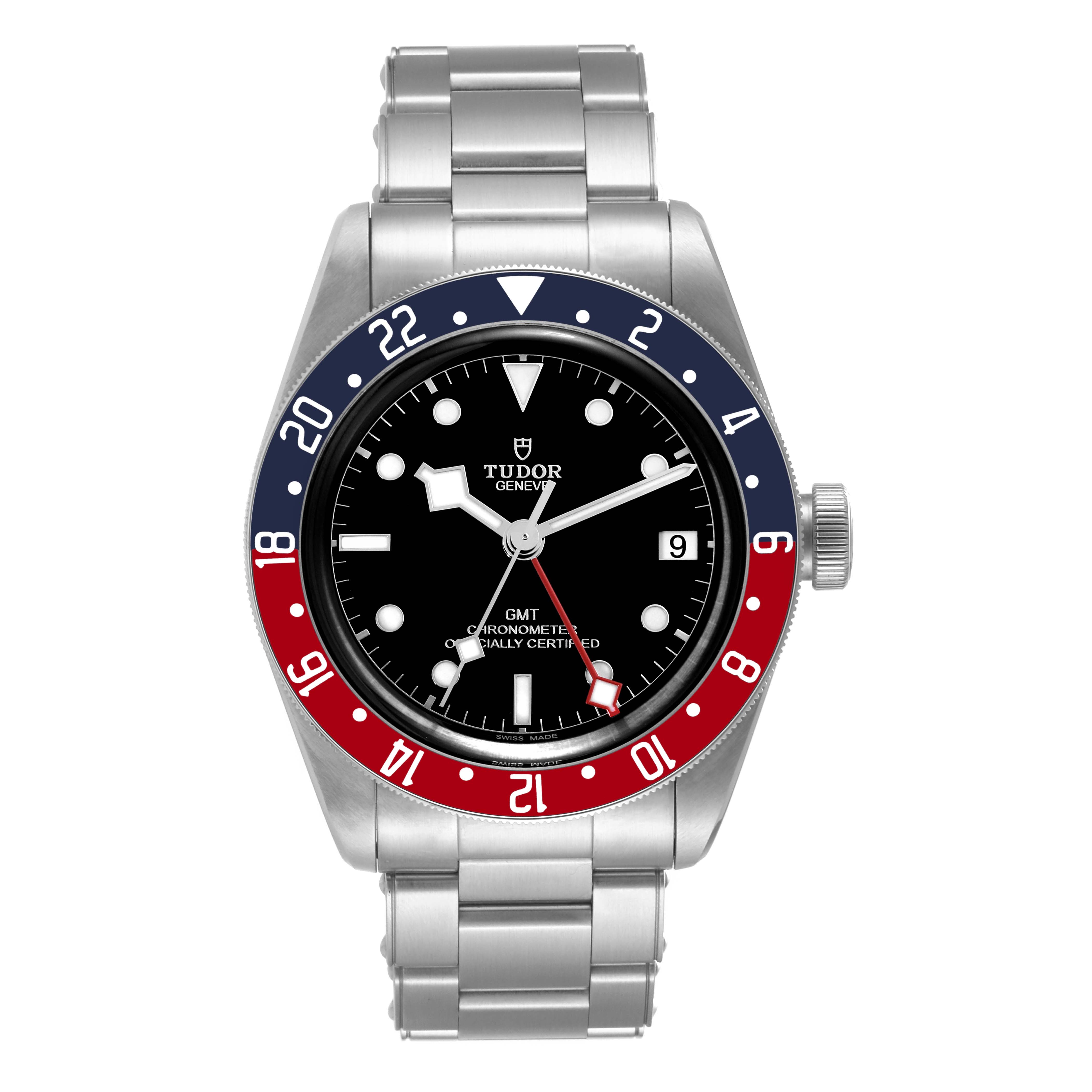 The image displays a front view of the Tudor Heritage Black Bay 79830RB Men
s Stainless Steel Black Dial 79830RB Men
s Stainless Steel Black Dial GMT watch, showcasing its bezel, dial, and bracelet.