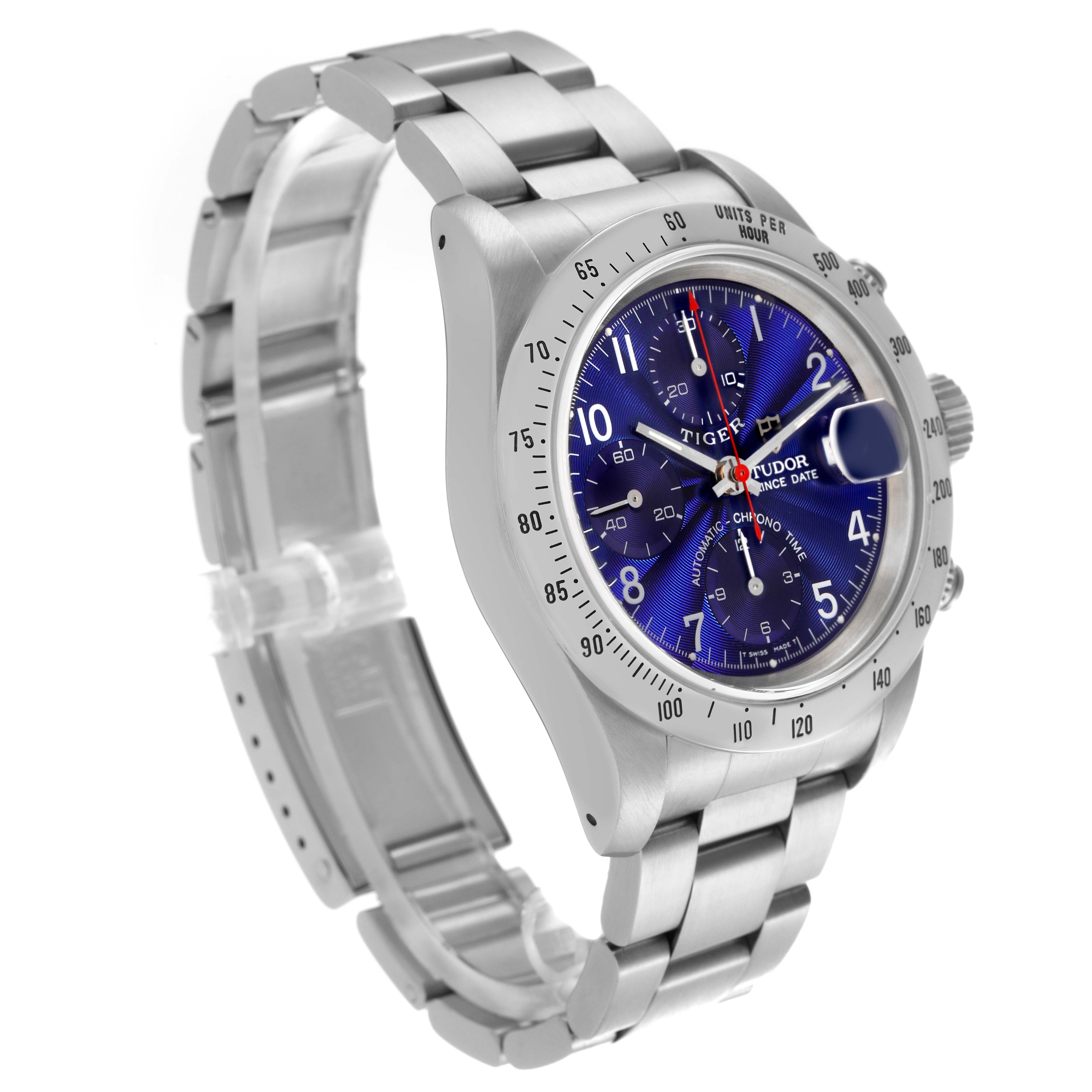 The Tudor Tiger 79280 Men
s Stainless Steel Blue Dial 79280 Men
s Stainless Steel Blue Dial watch is shown at a three-quarter angle, highlighting the dial, bezel, crown, and bracelet.