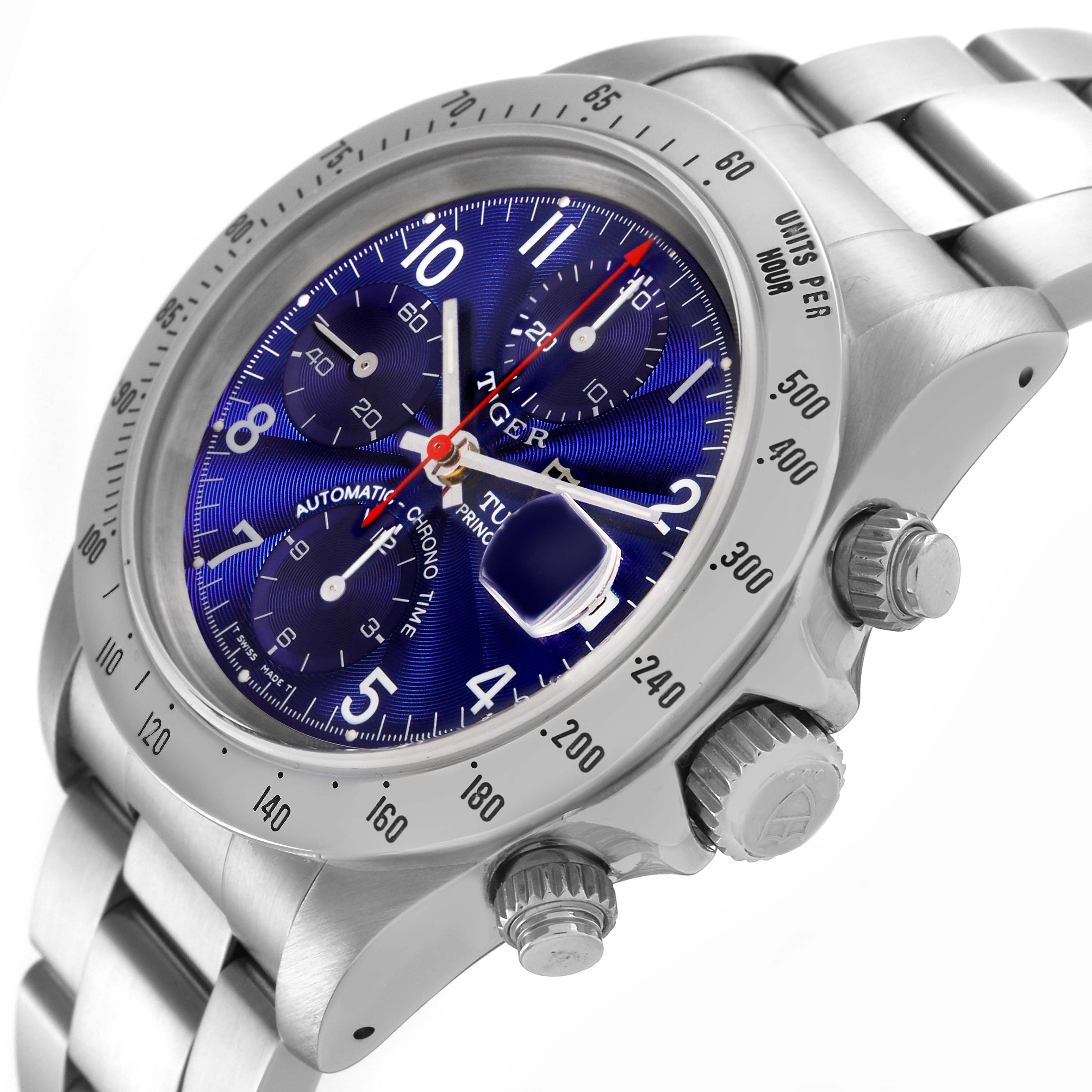 The Tudor Tiger 79280 Men
s Stainless Steel Blue Dial 79280 Men
s Stainless Steel Blue Dial model watch is shown at an angled view, featuring the dial, bezel, crown, and stainless steel bracelet.