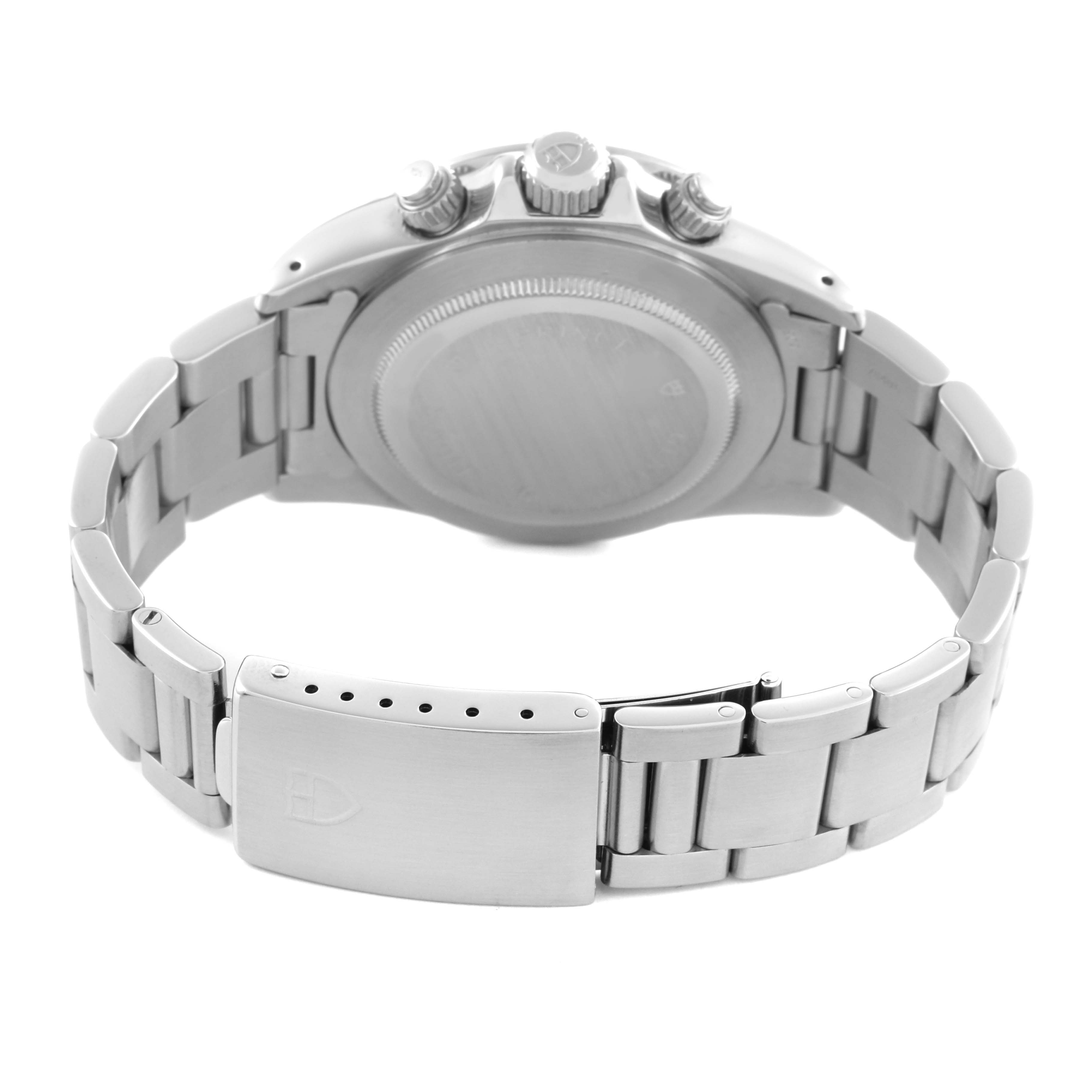 The image shows the Tudor Tiger 79280 Men
s Stainless Steel Blue Dial 79280 Men
s Stainless Steel Blue Dial model watch from the back angle, highlighting the bracelet, clasp, and case back.