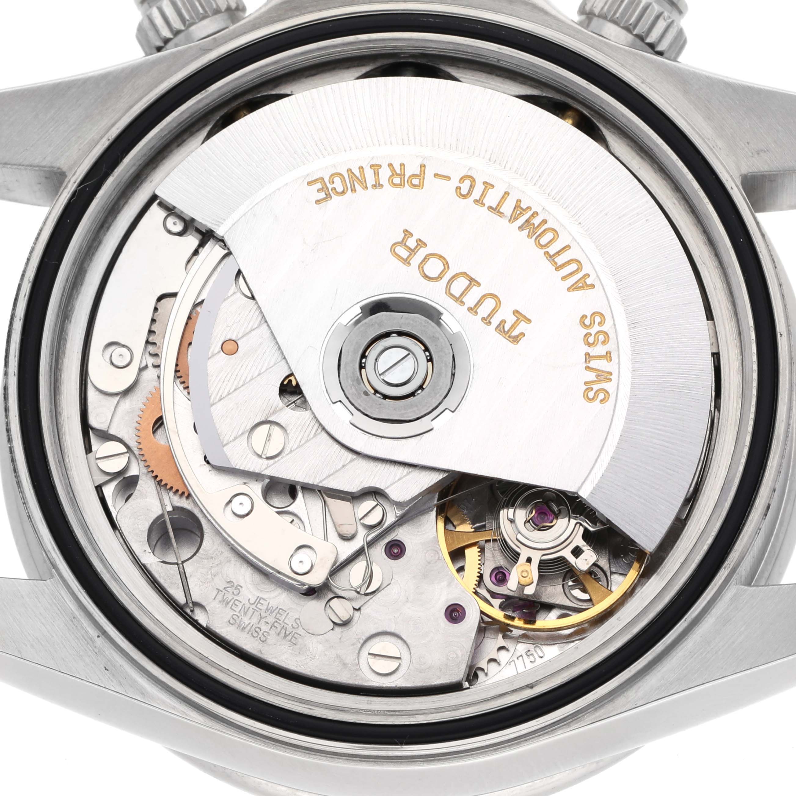 The Tudor Tiger 79280 Men
s Stainless Steel Blue Dial 79280 Men
s Stainless Steel Blue Dial model is shown from the back, displaying its automatic movement and inner mechanics.