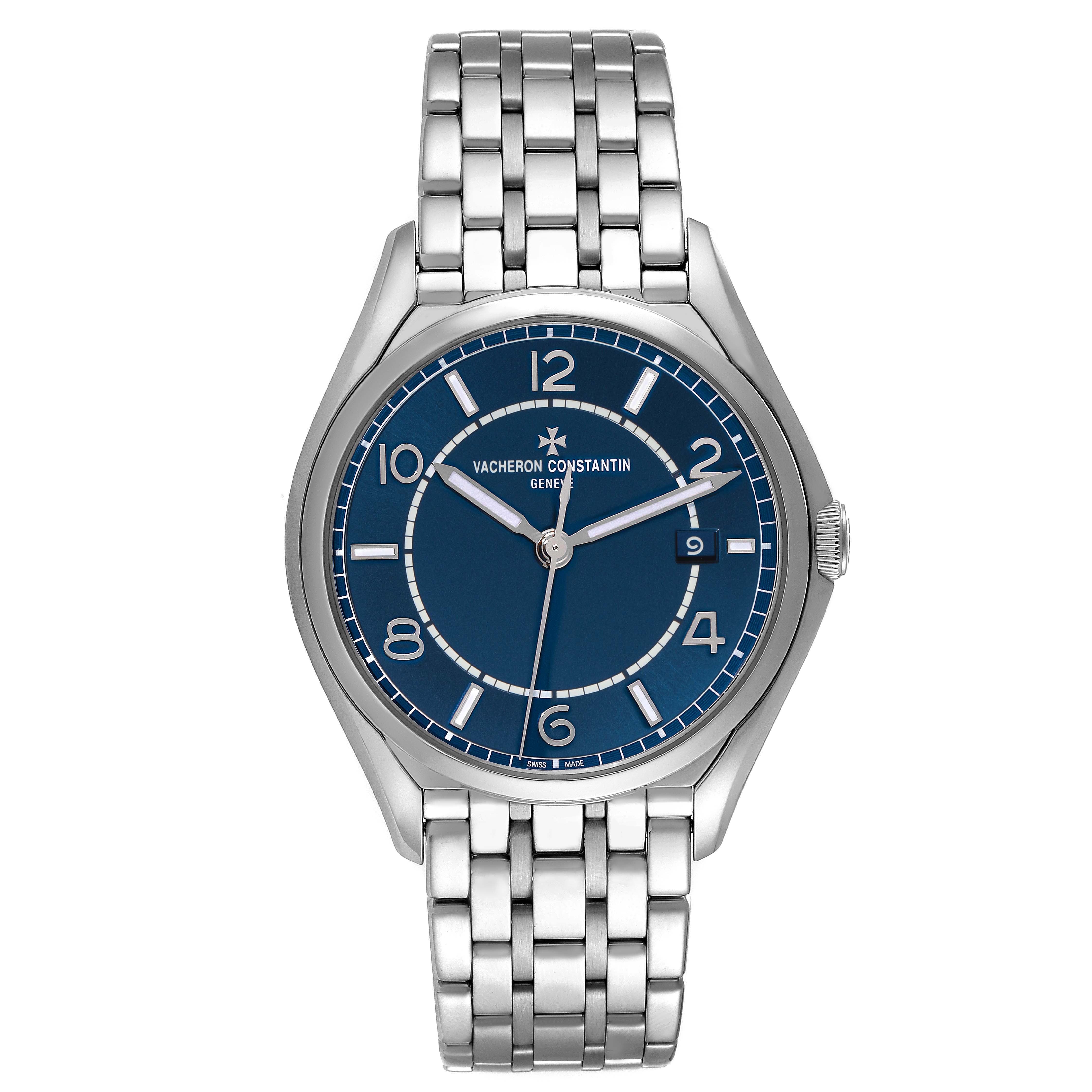 The image shows a front view of the Vacheron Constantin Fiftysix 4600E/110A-B487 Men
s Stainless Steel Blue Dial 4600E/110A-B487 Men
s Stainless Steel Blue Dial watch, highlighting its blue dial and silver bracelet.
