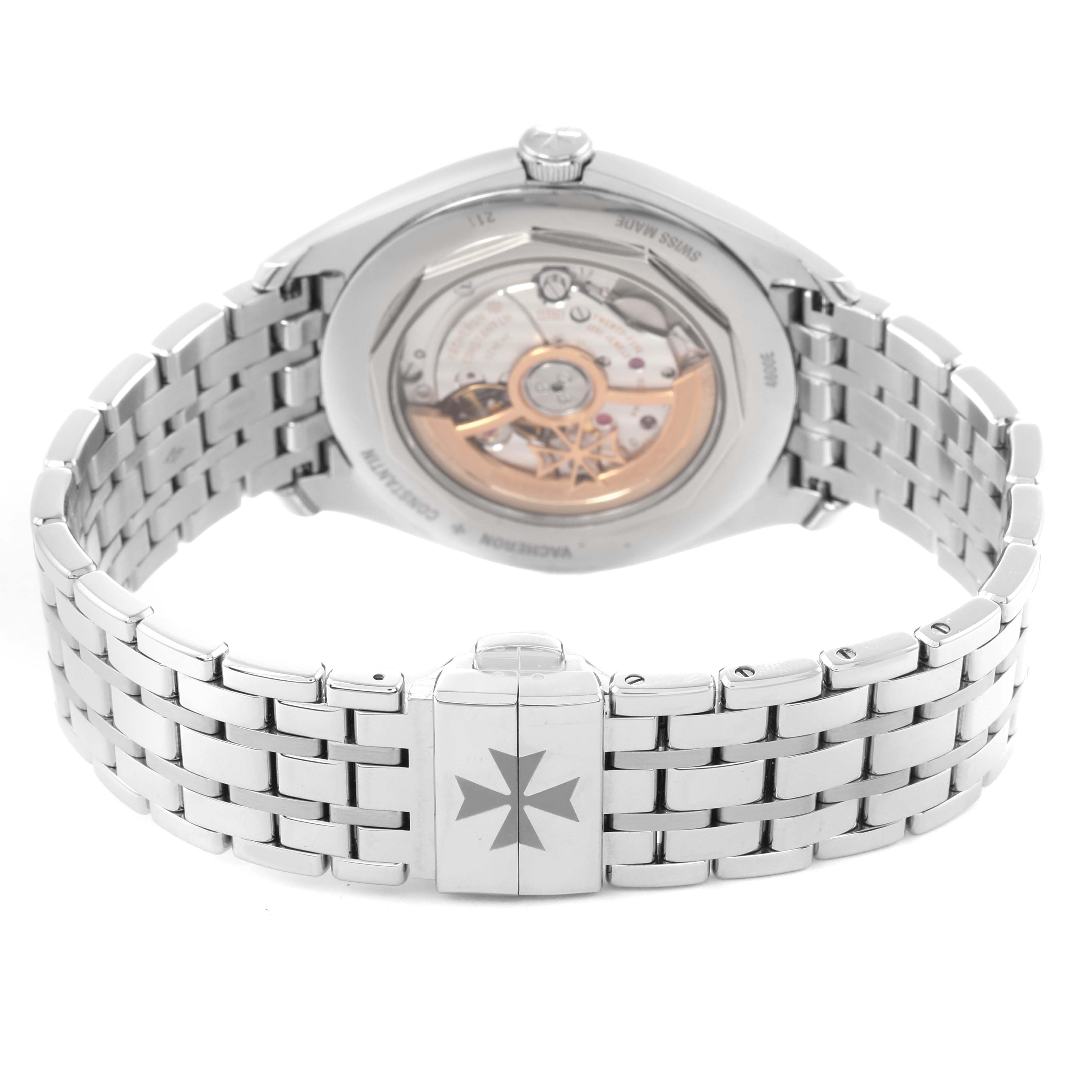 The Vacheron Constantin Fiftysix 4600E/110A-B487 Men
s Stainless Steel Blue Dial 4600E/110A-B487 Men
s Stainless Steel Blue Dial watch is shown from the back, highlighting the open case back and metal bracelet with a clasp.