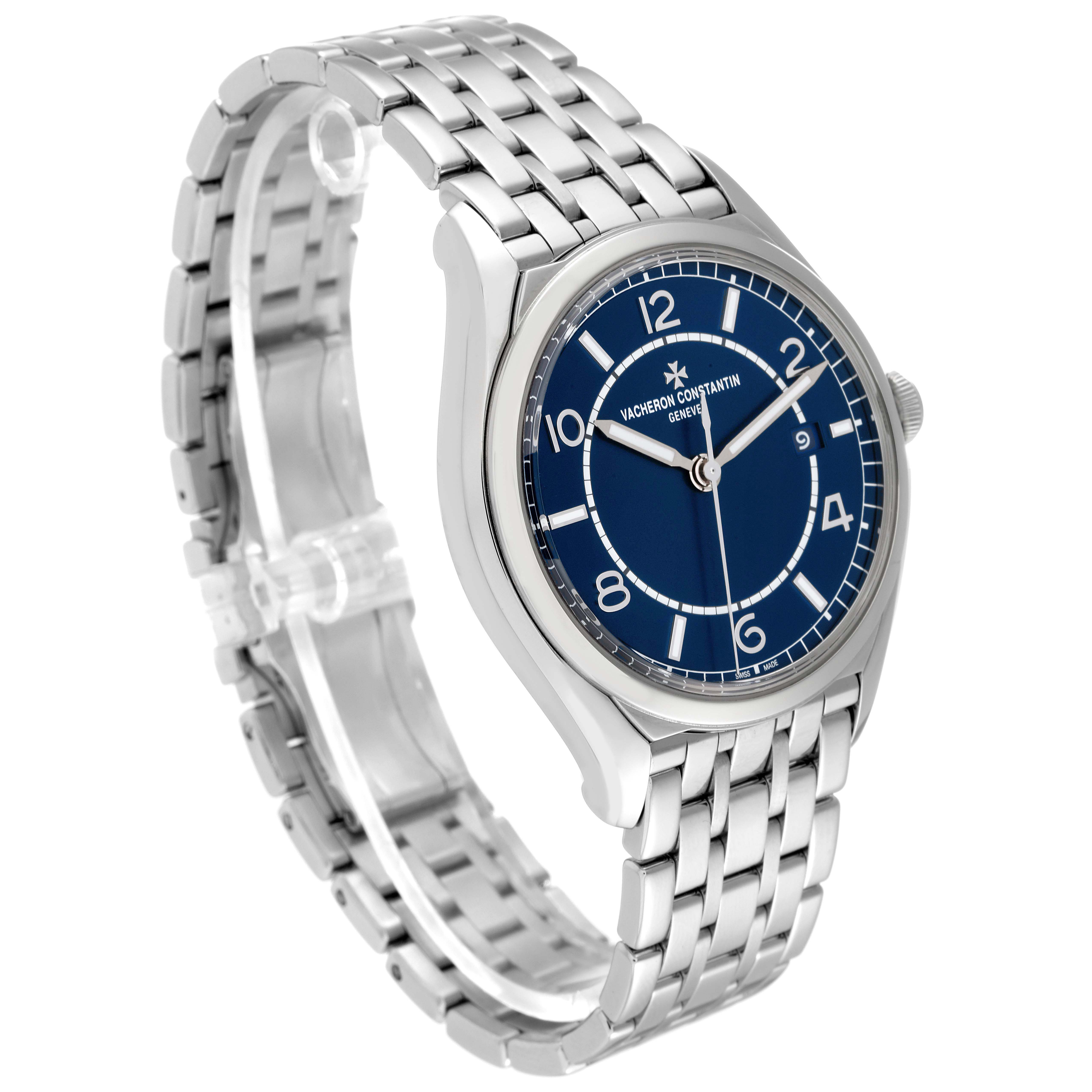 The Vacheron Constantin Fiftysix 4600E/110A-B487 Men
s Stainless Steel Blue Dial 4600E/110A-B487 Men
s Stainless Steel Blue Dial watch is shown at a three-quarter angle, highlighting the blue dial, bezel, and metal bracelet.