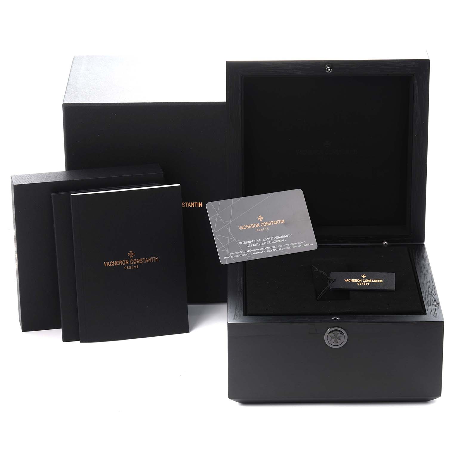 The image shows a Vacheron Constantin Fiftysix 4600E/110A-B487 Men
s Stainless Steel Blue Dial 4600E/110A-B487 Men
s Stainless Steel Blue Dial watch box, warranty card, manuals, and packaging.