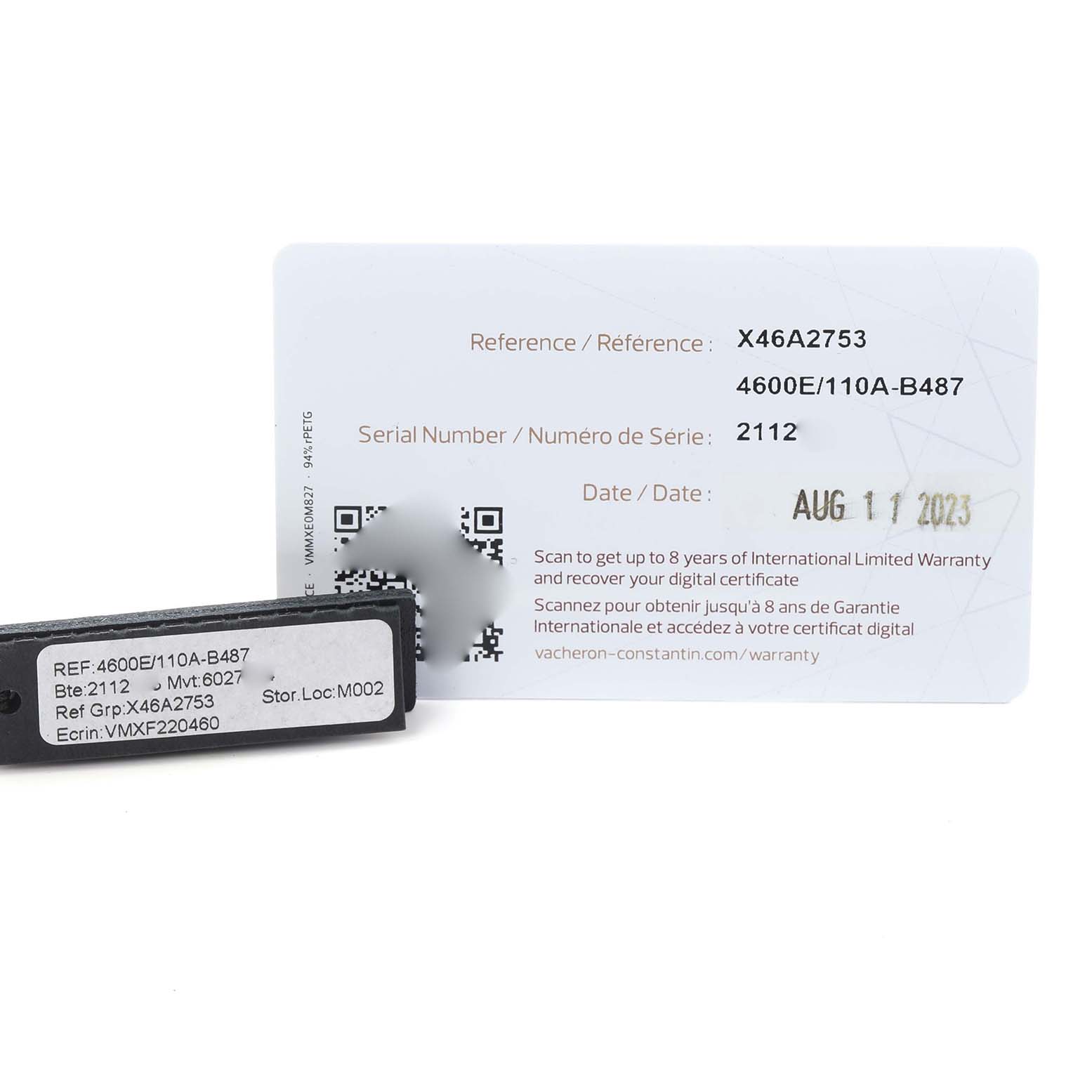 The image shows a warranty card and label for a Vacheron Constantin Fiftysix 4600E/110A-B487 Men
s Stainless Steel Blue Dial 4600E/110A-B487 Men
s Stainless Steel Blue Dial watch.