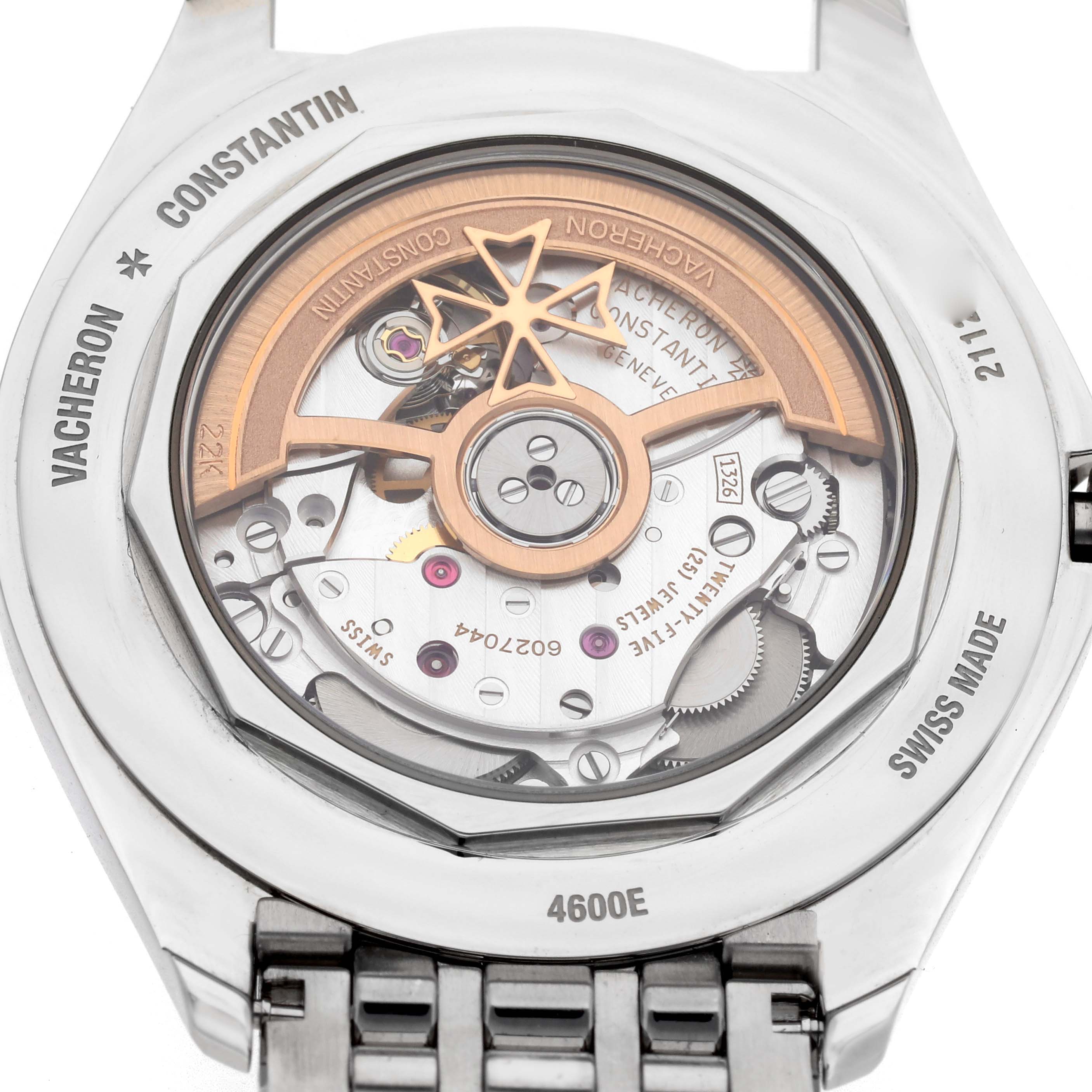 The image shows the case back of the Vacheron Constantin Fiftysix 4600E/110A-B487 Men
s Stainless Steel Blue Dial 4600E/110A-B487 Men
s Stainless Steel Blue Dial, highlighting its movement and rotor.