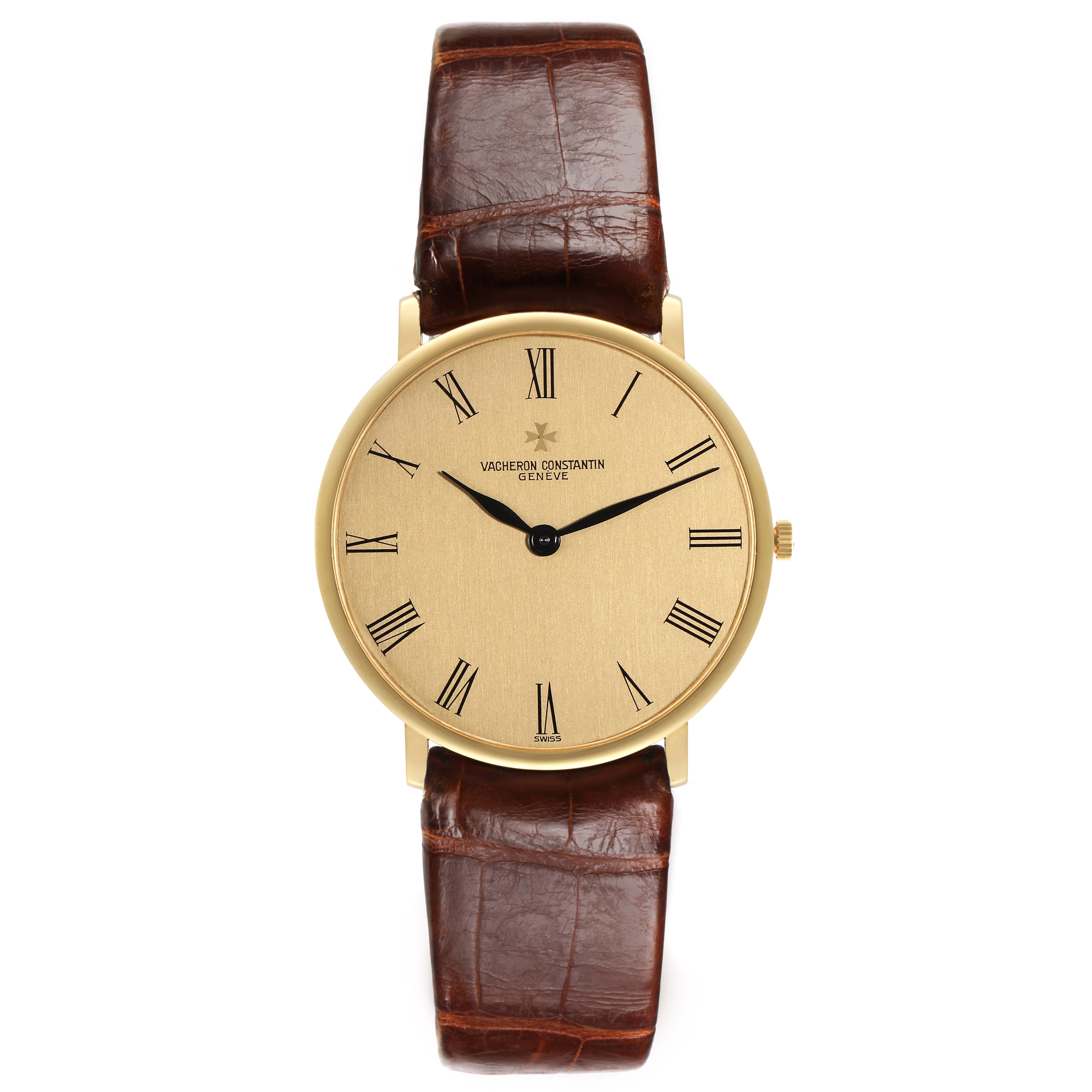 The Vacheron Constantin Patrimony 33216 Men
s Yellow Gold Champagne Dial 33216 Men
s Yellow Gold Champagne Dial watch is shown from the front, displaying its gold dial, Roman numerals, and brown leather strap.