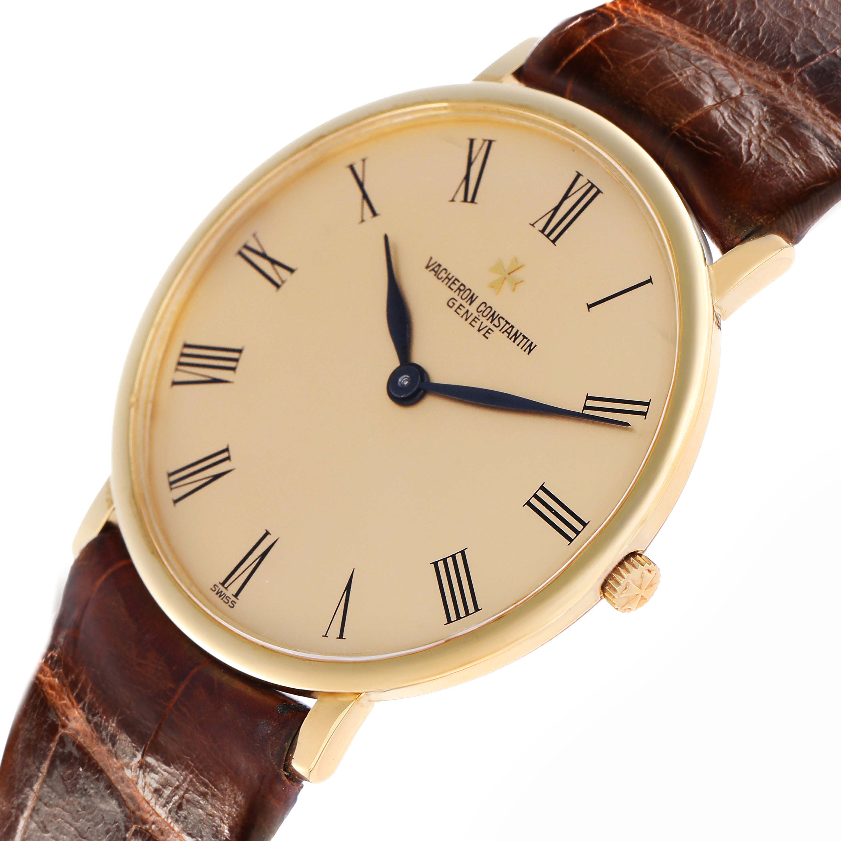 The watch, a Vacheron Constantin Patrimony 33216 Men
s Yellow Gold Champagne Dial 33216 Men
s Yellow Gold Champagne Dial, is shown from a front angle highlighting its face, gold casing, crown, and leather strap.
