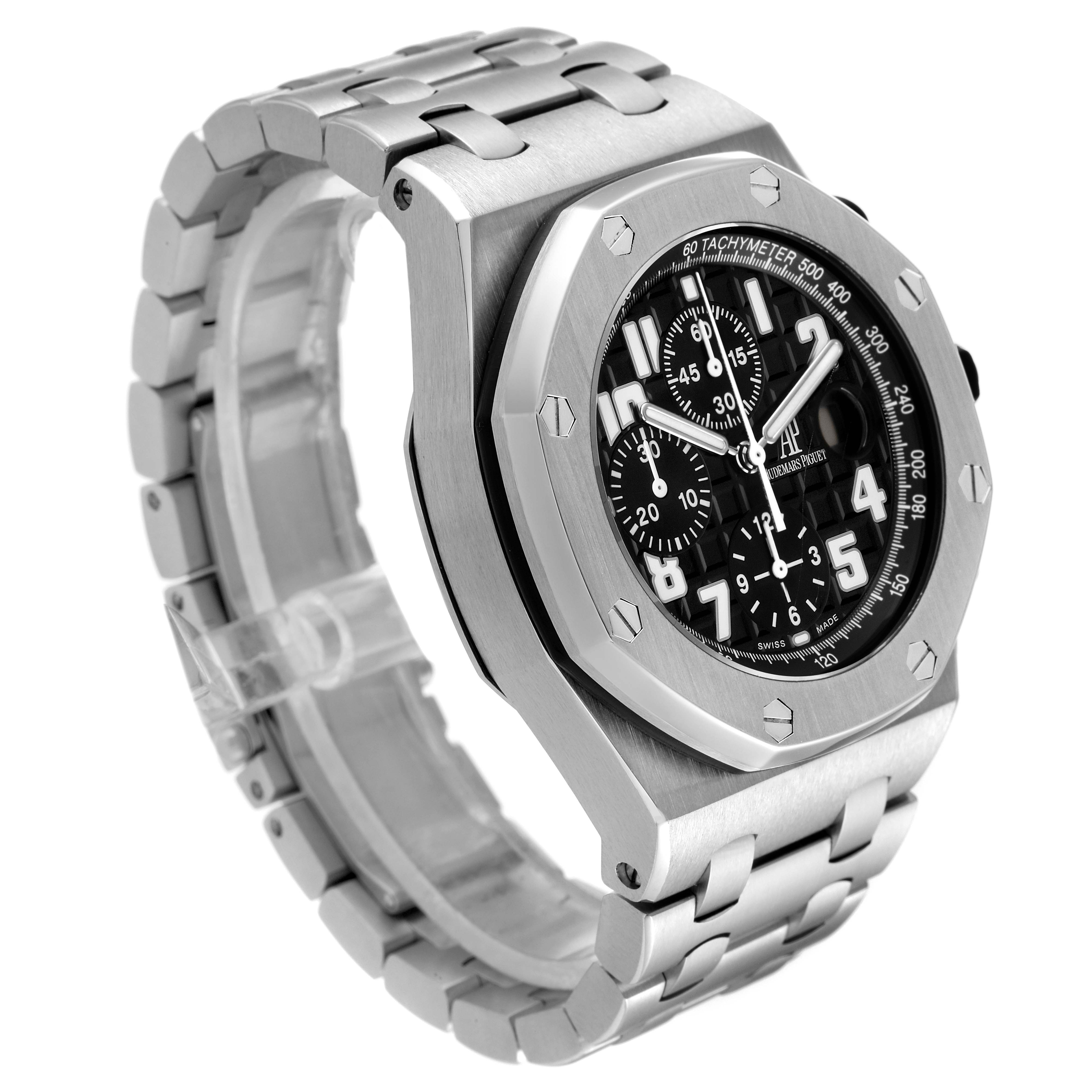 This image displays a side and front angle of the Audemars Piguet Royal Oak 26170ST.OO.D101CR.03 Men's Stainless Steel Black Dial 26170ST.OO.D101CR.03 Men's Stainless Steel Black Dial watch, showcasing its case, bezel, bracelet, and dial.