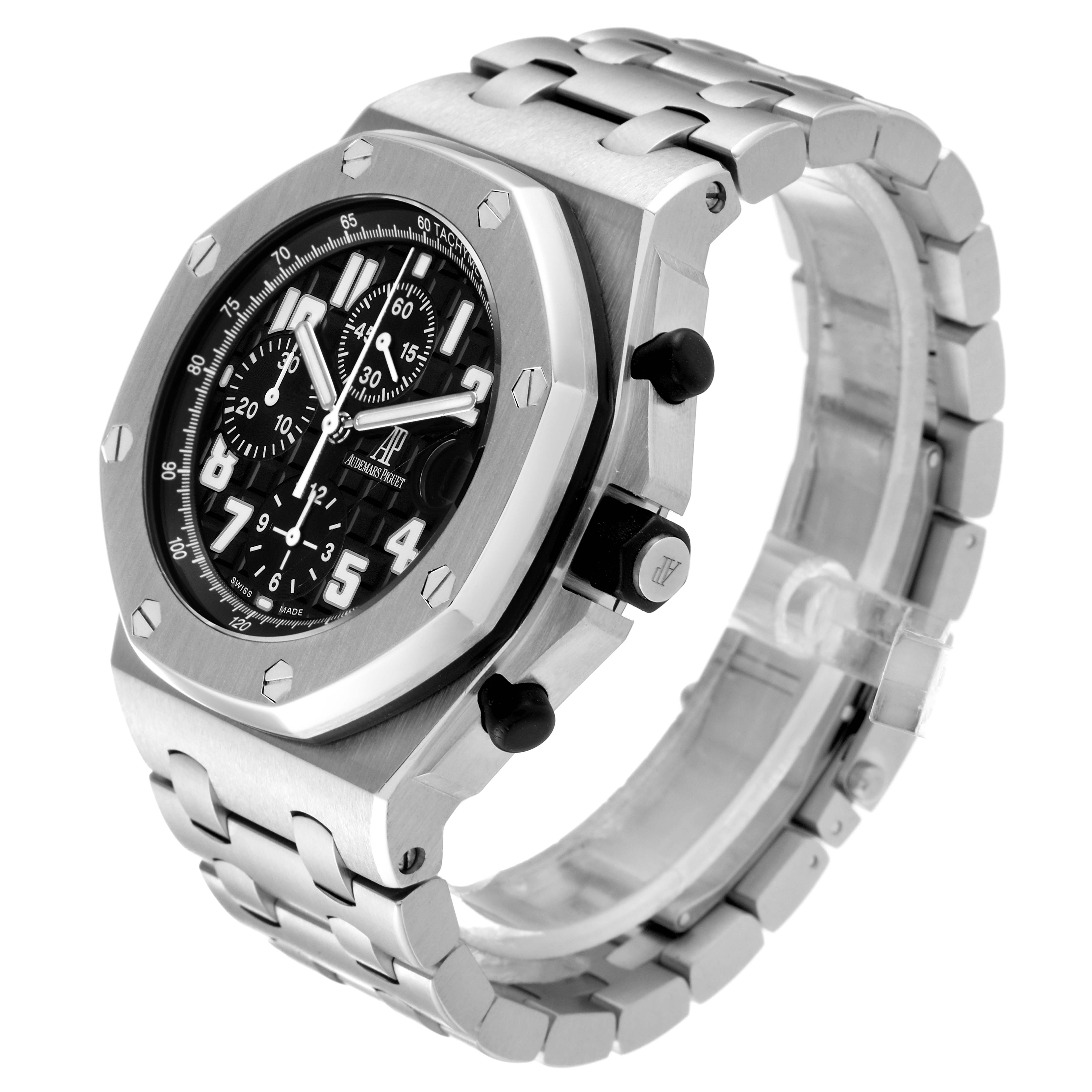 The image shows a side and front angle of an Audemars Piguet Royal Oak 26170ST.OO.D101CR.03 Men's Stainless Steel Black Dial 26170ST.OO.D101CR.03 Men's Stainless Steel Black Dial watch, highlighting its metal bracelet, bezel, and dial.