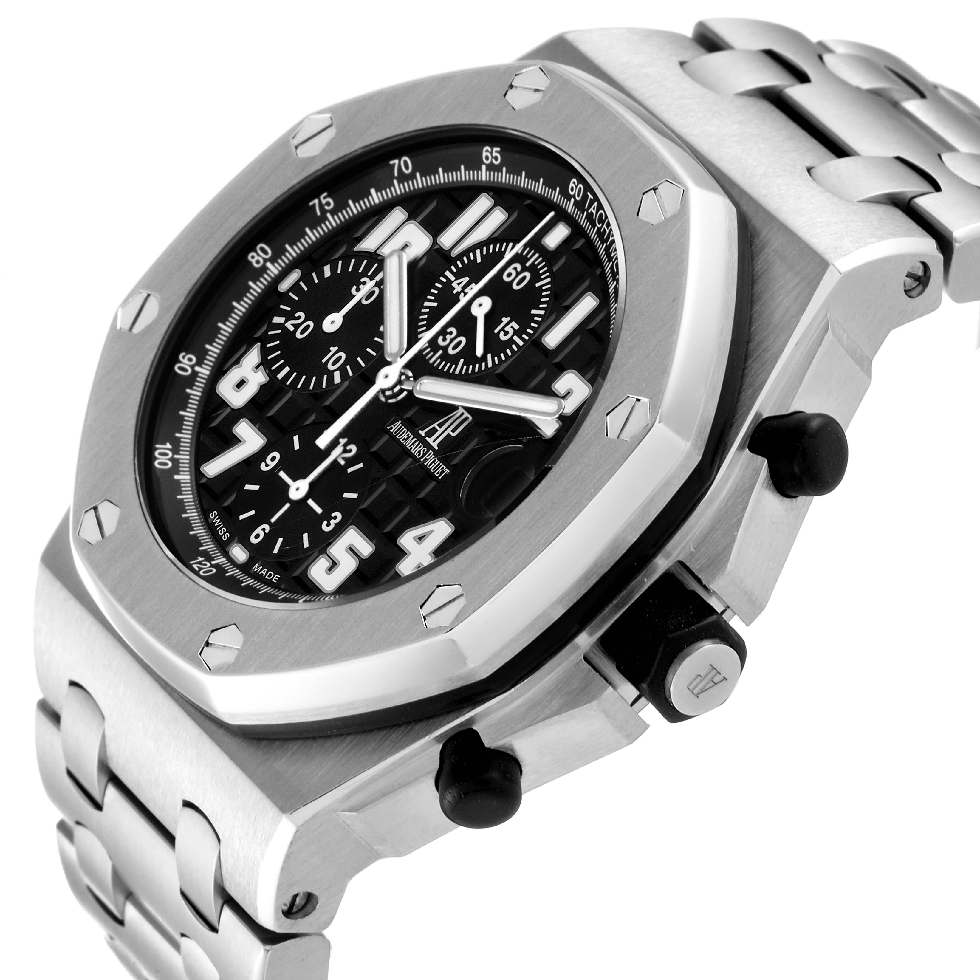 The image shows a side angle of the Audemars Piguet Royal Oak 26170ST.OO.D101CR.03 Men's Stainless Steel Black Dial 26170ST.OO.D101CR.03 Men's Stainless Steel Black Dial watch, highlighting the bezel, dial, and stainless steel bracelet.
