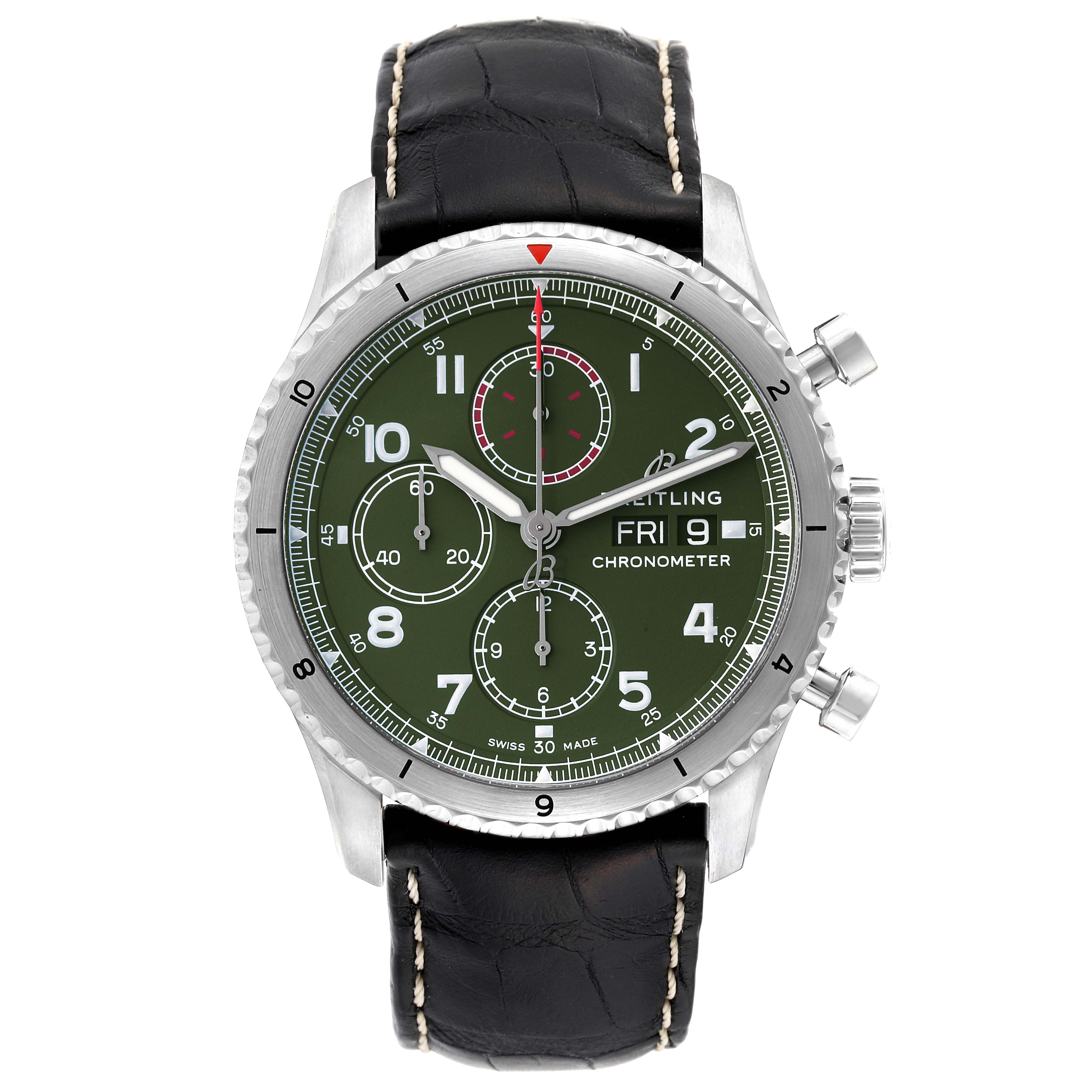 This Breitling Aviator A13316 Men's Stainless Steel Green Dial A13316 Men's Stainless Steel Green Dial model watch shows a front view with a green dial, three sub-dials, date display, and black leather strap.