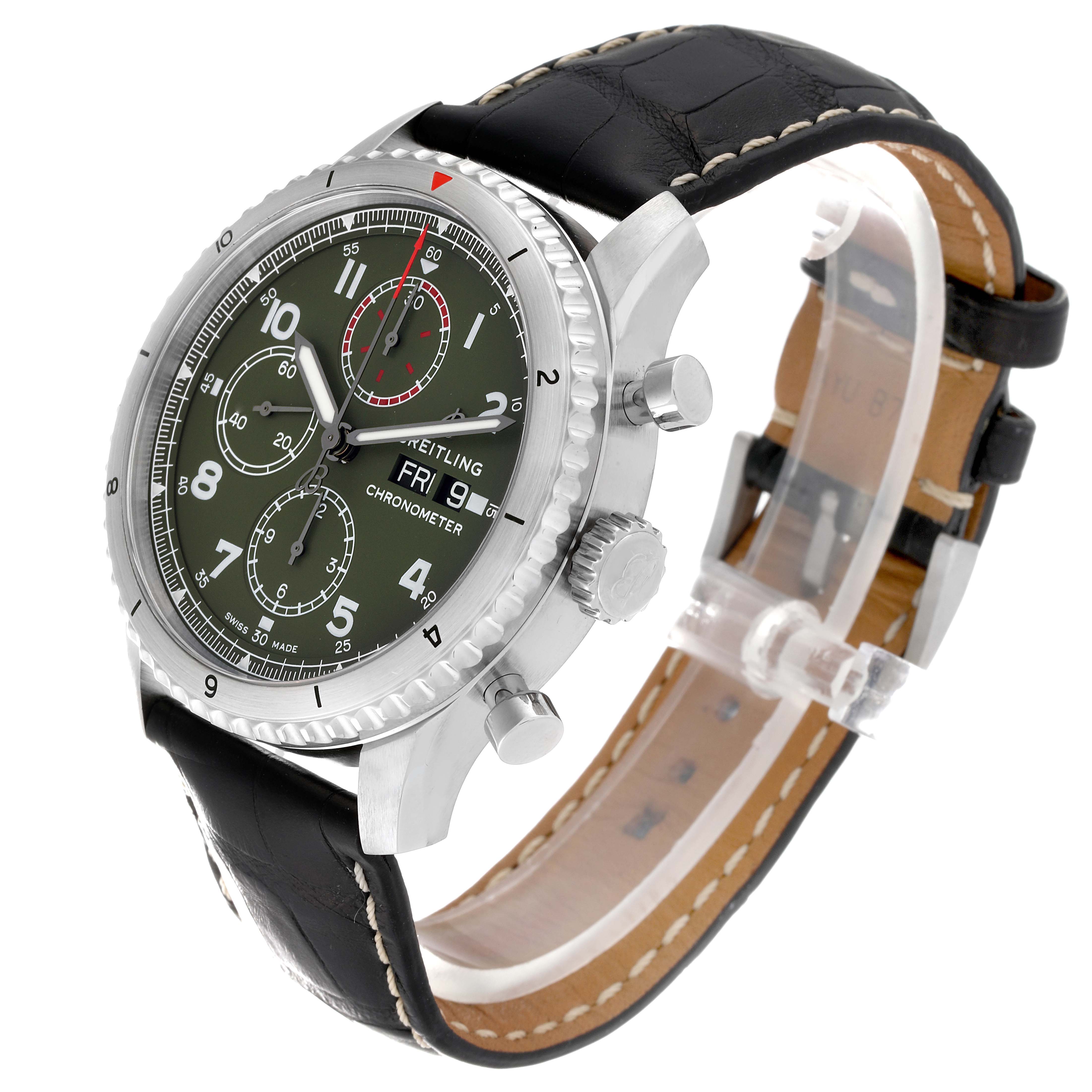 The image shows a side and front angle of the Aviator model by Breitling, highlighting its dial, chronograph, bezel, and leather strap.