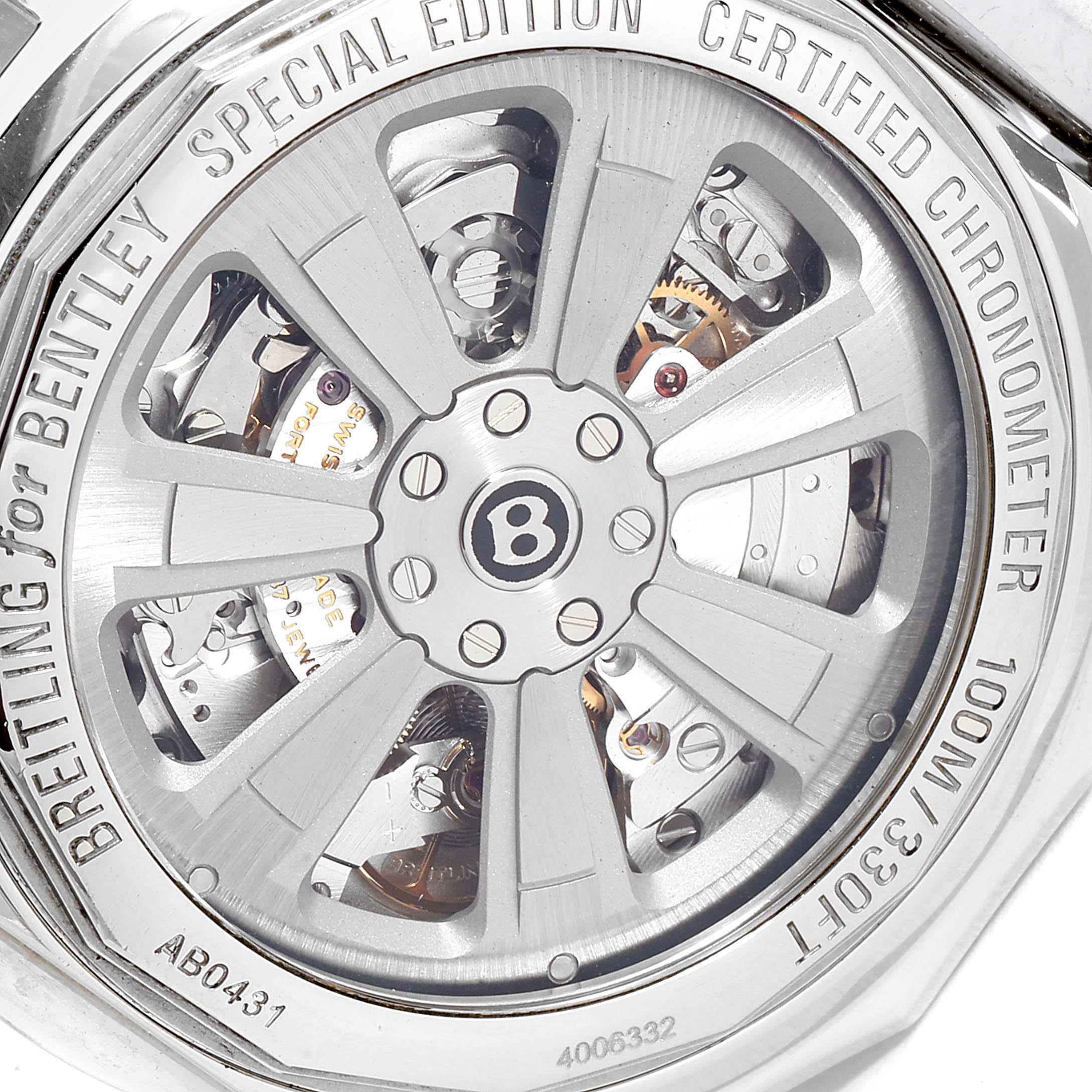 The image shows the case back of the Breitling for Bentley model, highlighting the visible mechanical movement and rotor.
