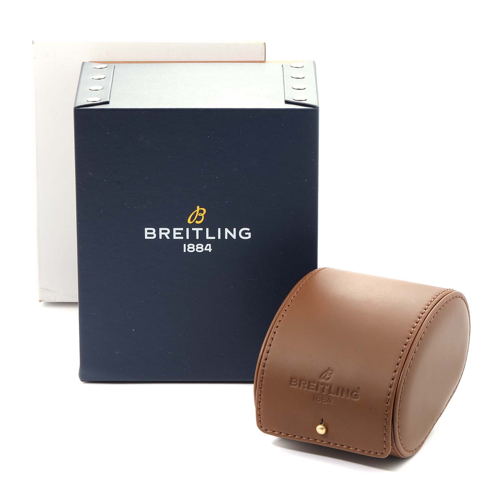 The image shows the blue box and brown leather case for the Breitling Bentley AB0431  Men
s Stainless Steel Silver Dial AB0431  Men
s Stainless Steel Silver Dial watch model.