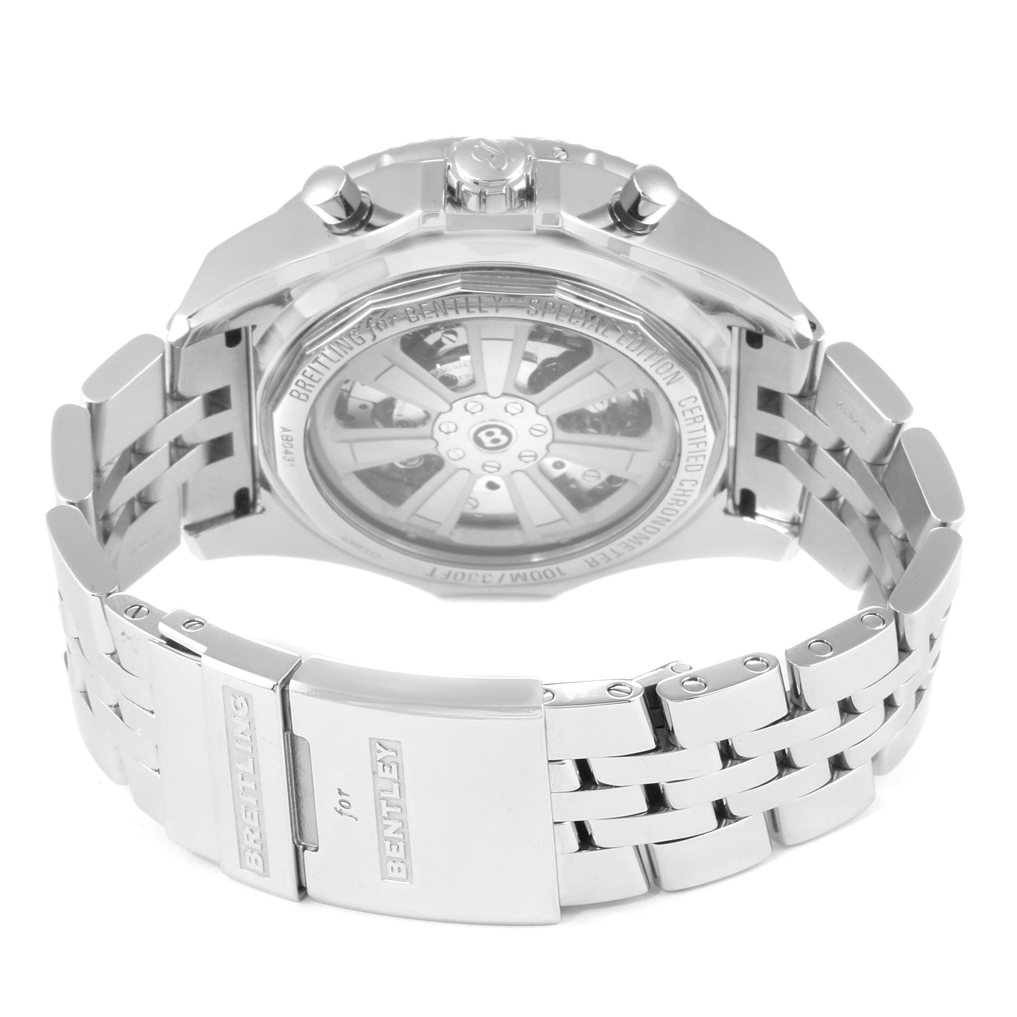 This image shows the back view of a Bentley model by Breitling, highlighting the case back and bracelet clasp.
