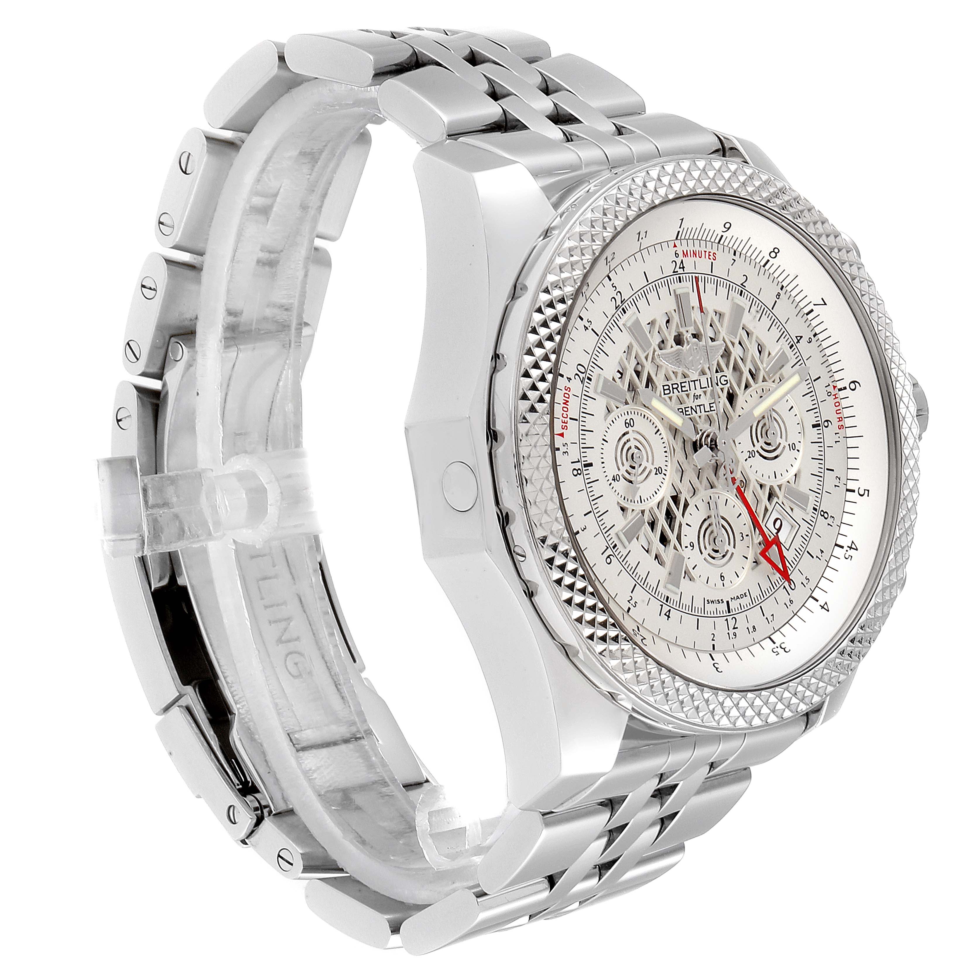 The image shows a Breitling Bentley AB0431  Men
s Stainless Steel Silver Dial AB0431  Men
s Stainless Steel Silver Dial model watch from a right-side angle, highlighting the dial, bezel, and bracelet.