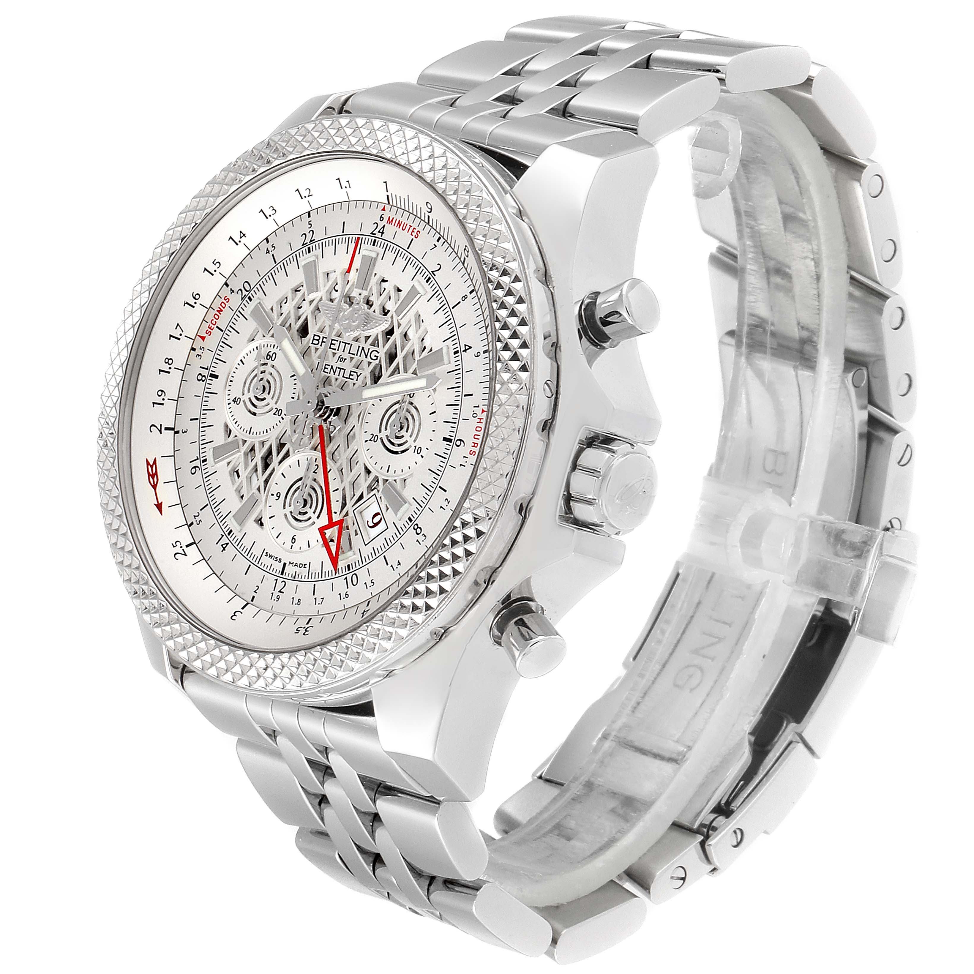 The Breitling Bentley AB0431  Men
s Stainless Steel Silver Dial AB0431  Men
s Stainless Steel Silver Dial watch is shown from a three-quarter angle, highlighting the dial, bezel, crown, pushers, and bracelet.