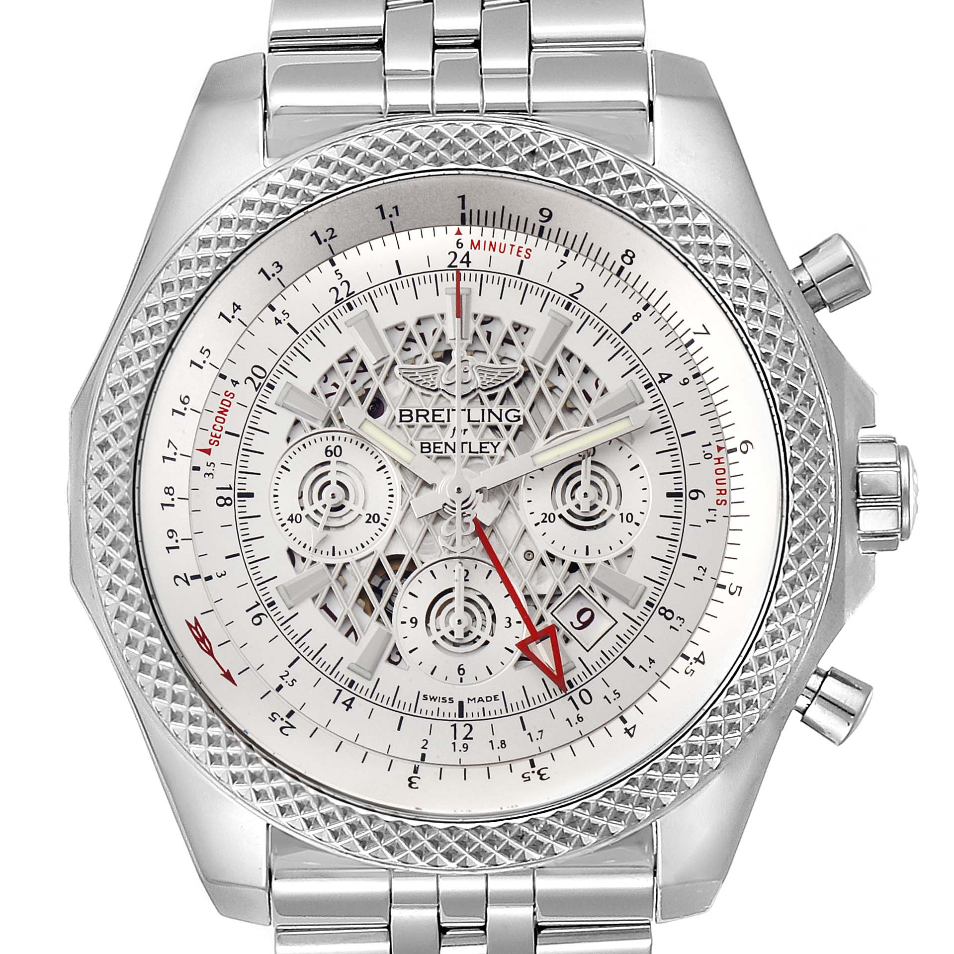 This image shows a frontal view of the Breitling Bentley AB0431  Men
s Stainless Steel Silver Dial AB0431  Men
s Stainless Steel Silver Dial watch, featuring its intricate dial, bezel, and stainless steel bracelet.