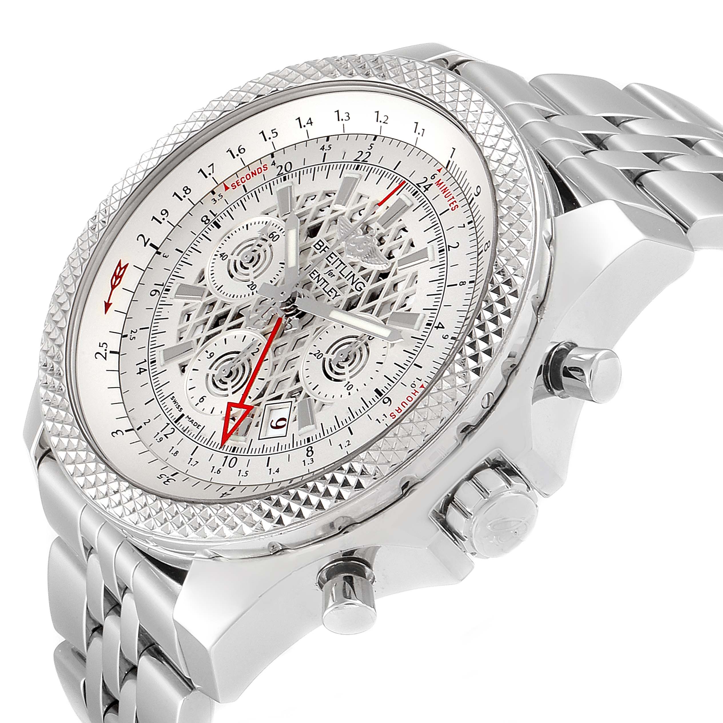 The Breitling Bentley AB0431  Men
s Stainless Steel Silver Dial AB0431  Men
s Stainless Steel Silver Dial watch is shown from a tilted angle highlighting its detailed dial, bezel, and metal bracelet.
