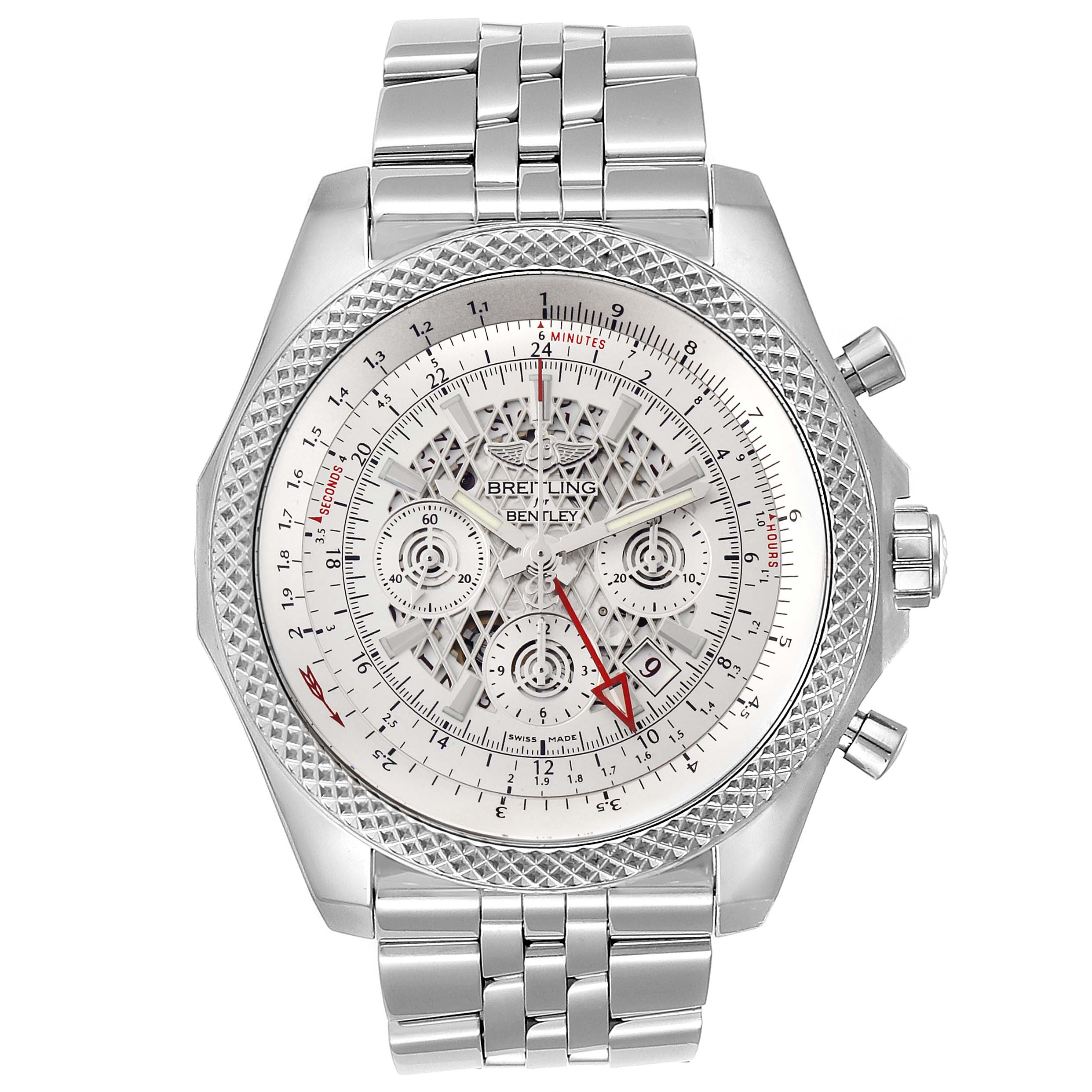 The image shows a frontal view of the Breitling Bentley AB0431  Men
s Stainless Steel Silver Dial AB0431  Men
s Stainless Steel Silver Dial watch, displaying its face, bezel, and metal bracelet.