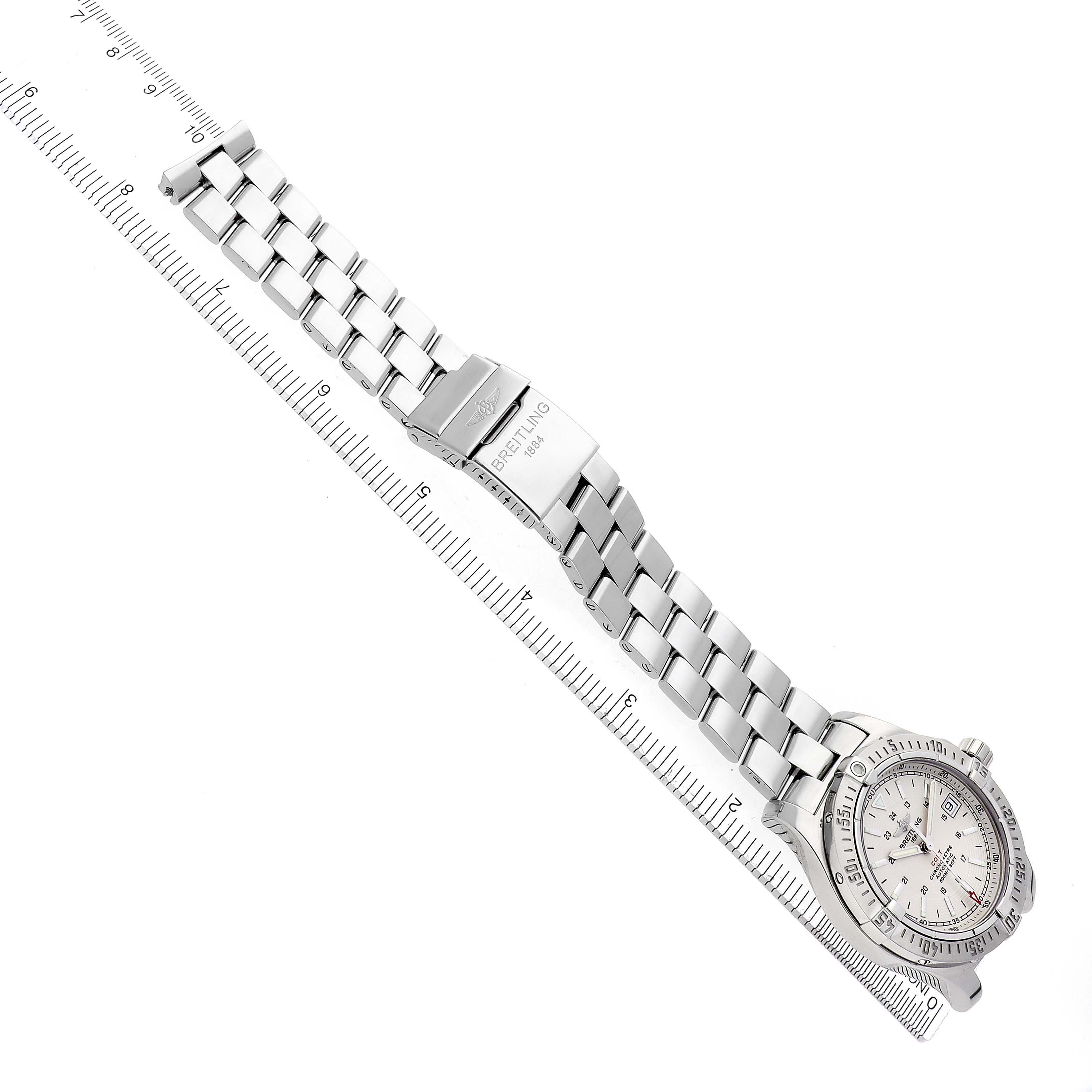 The Breitling Colt A17380 Men
s Stainless Steel White Dial A17380 Men
s Stainless Steel White Dial watch is shown at a diagonal angle, displaying the bracelet, clasp, and dial.
