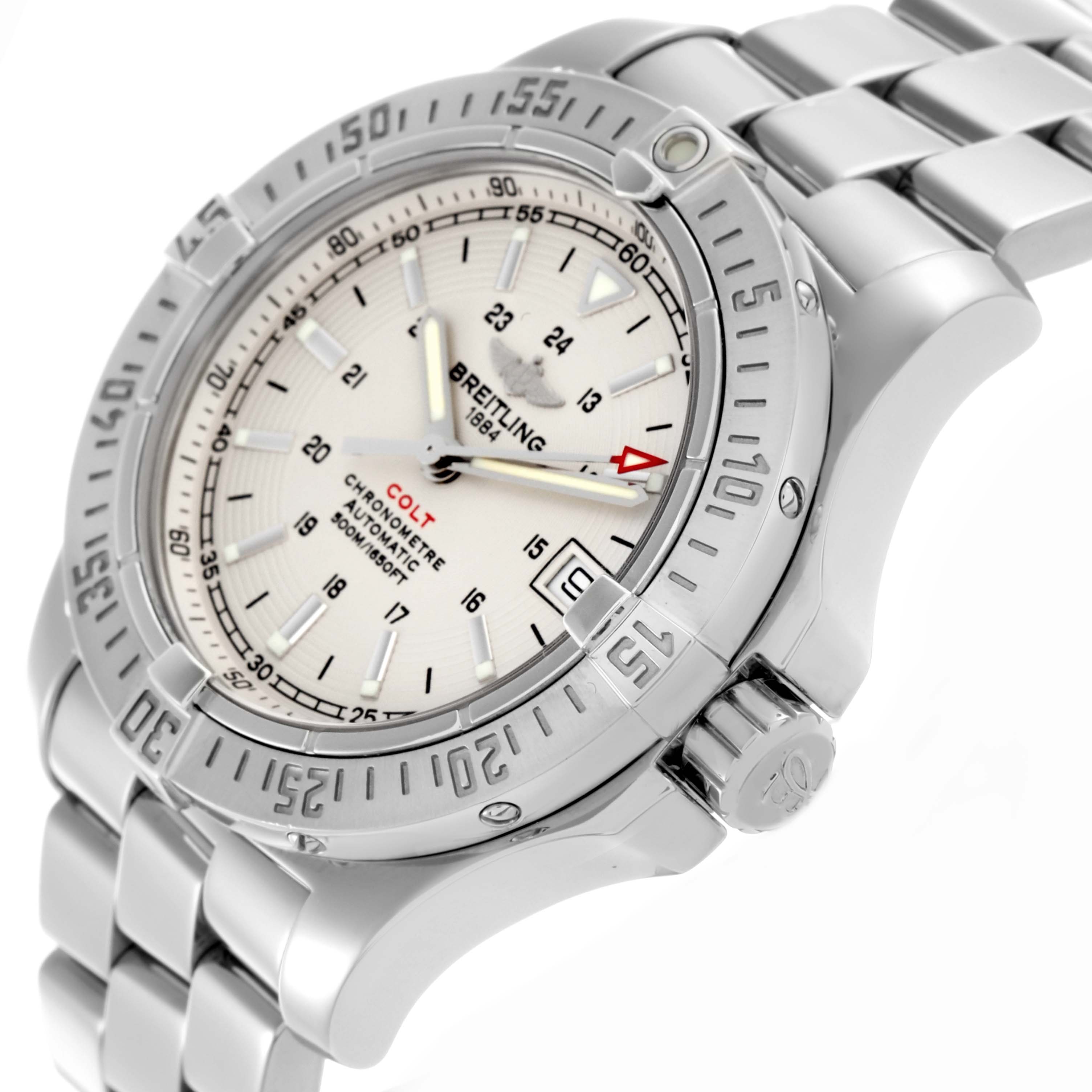 The Breitling Colt A17380 Men
s Stainless Steel White Dial A17380 Men
s Stainless Steel White Dial watch is shown at an angled view highlighting the face, bezel, crown, and part of the bracelet.