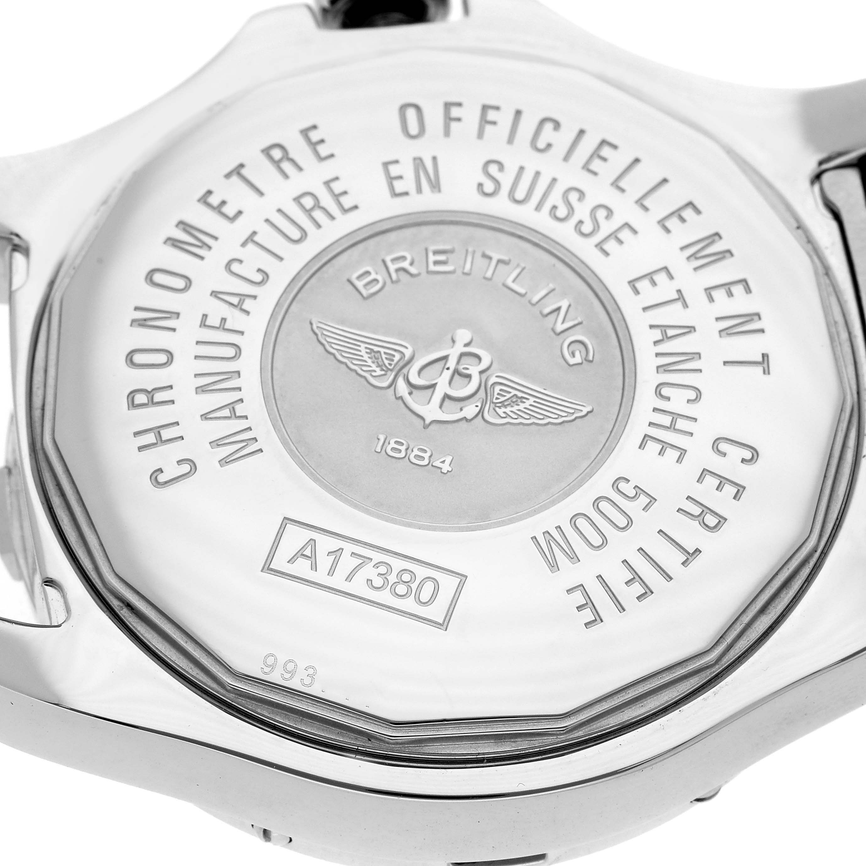 The image shows the back case of a Breitling Colt A17380 Men
s Stainless Steel White Dial A17380 Men
s Stainless Steel White Dial watch, highlighting its engraving details.