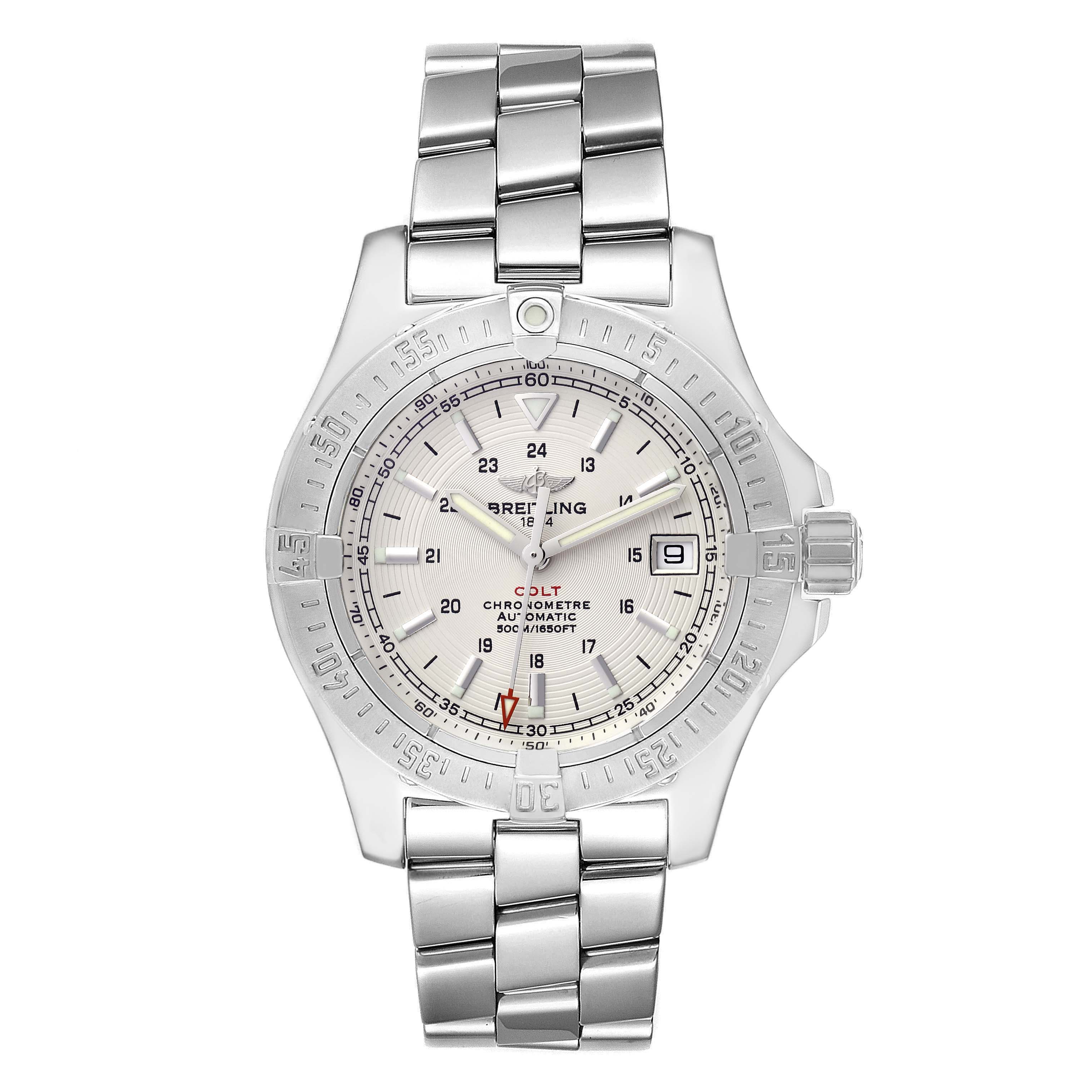 The Breitling Colt A17380 Men
s Stainless Steel White Dial A17380 Men
s Stainless Steel White Dial watch is shown from a top-down angle, highlighting its face, bezel, crown, and metal bracelet.