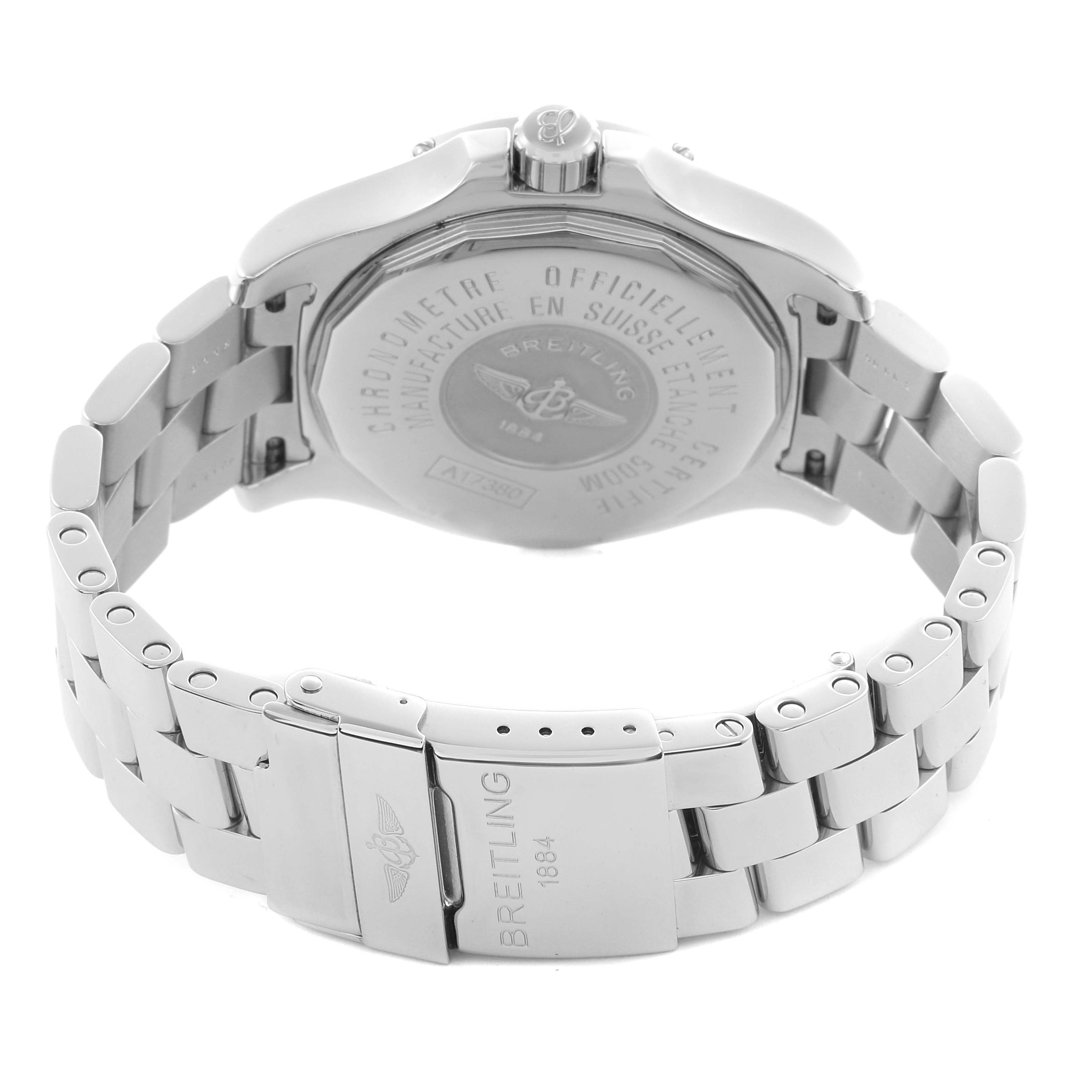 The image shows the back view of a Breitling Colt A17380 Men
s Stainless Steel White Dial A17380 Men
s Stainless Steel White Dial watch, highlighting the case back and metal bracelet.