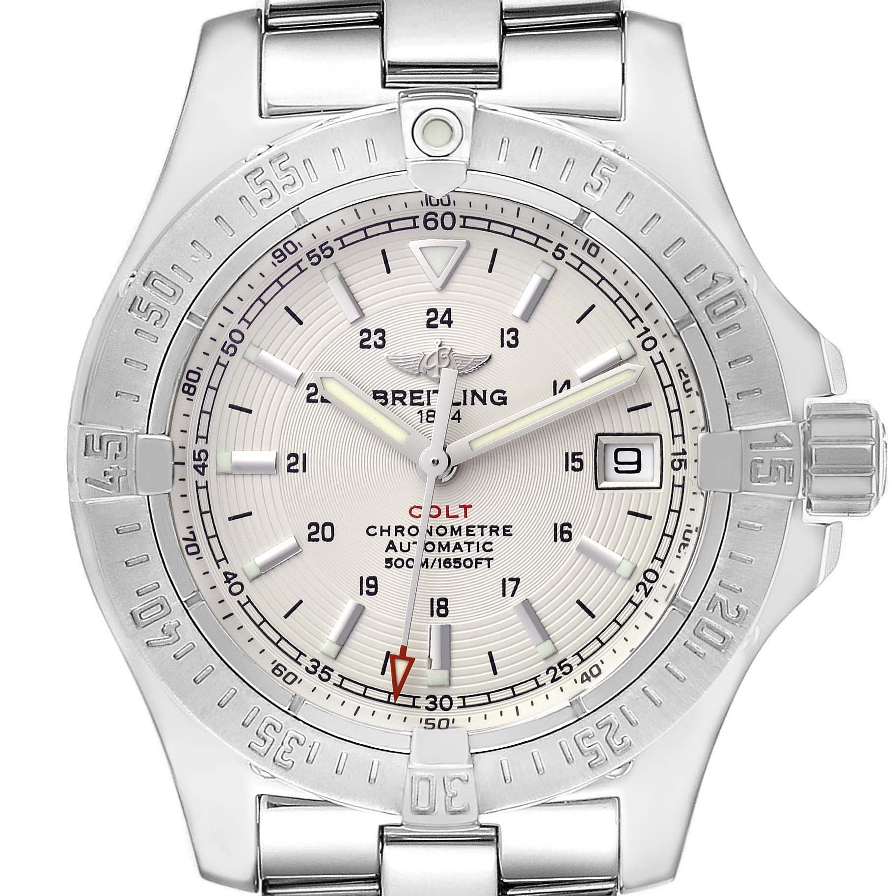 The Breitling Colt A17380 Men
s Stainless Steel White Dial A17380 Men
s Stainless Steel White Dial watch is shown from a top view, highlighting the dial, bezel, and part of the bracelet.
