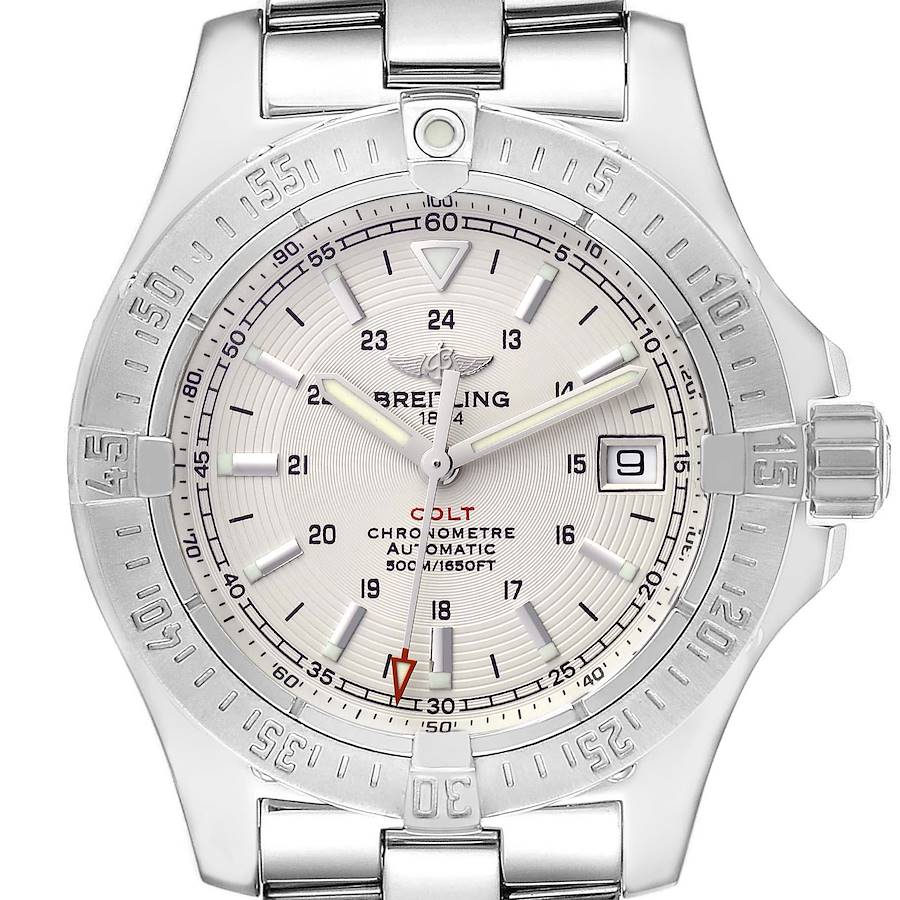 The Breitling Colt watch is shown from a top view, highlighting the dial, bezel, and part of the bracelet.