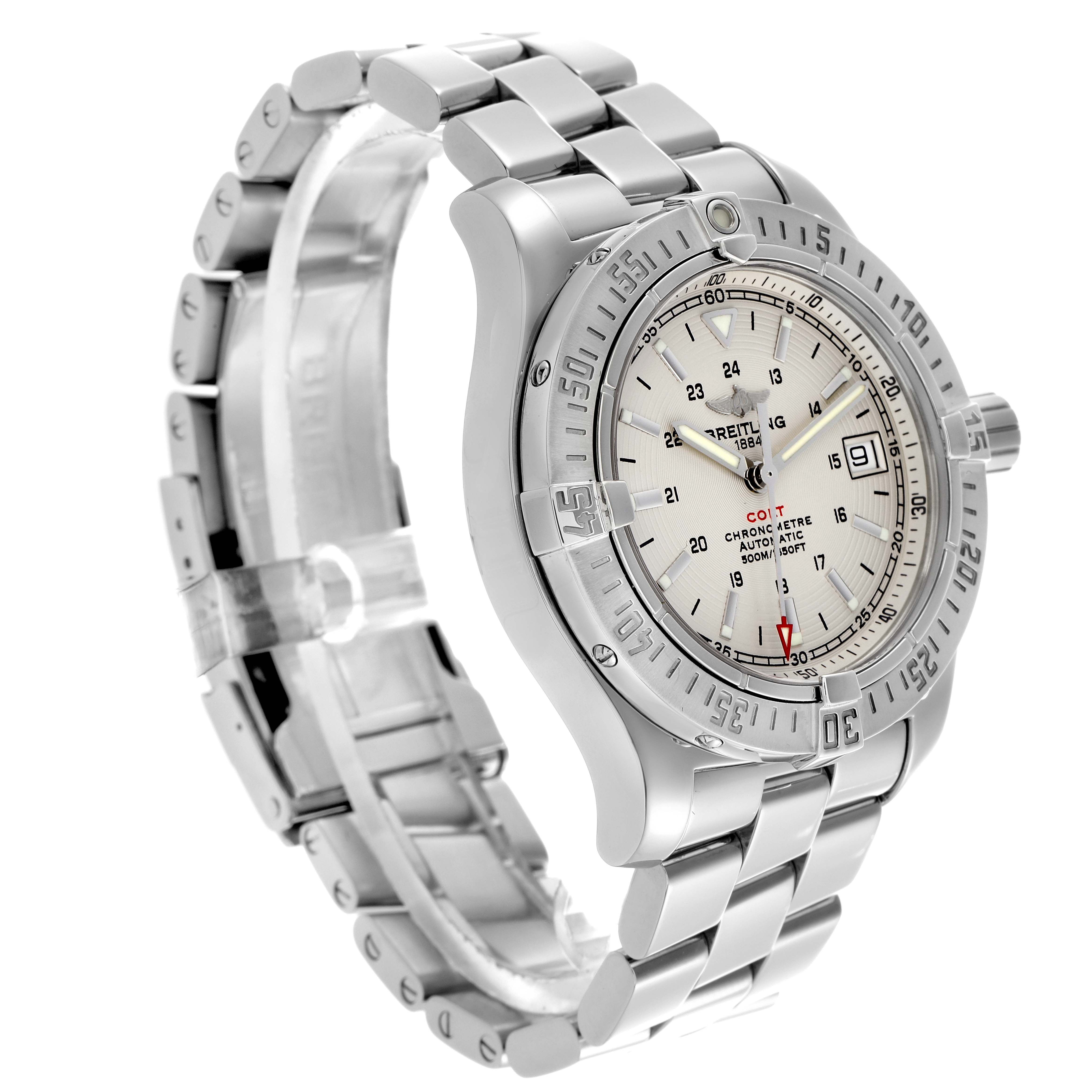 The Breitling Colt A17380 Men
s Stainless Steel White Dial A17380 Men
s Stainless Steel White Dial watch is shown at an angled side view, displaying its face, bezel, and bracelet.