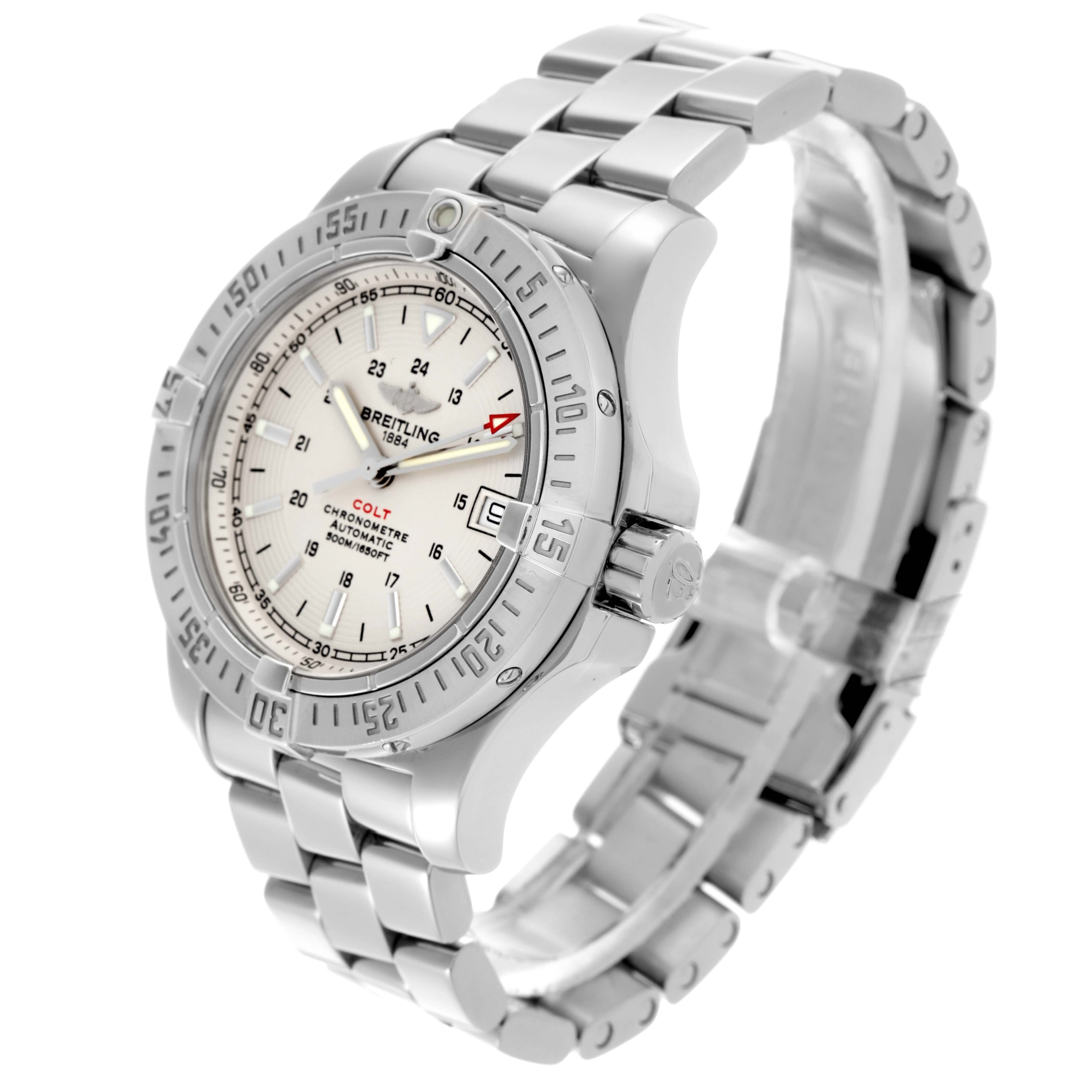 The image shows a Breitling Colt A17380 Men
s Stainless Steel White Dial A17380 Men
s Stainless Steel White Dial watch at a three-quarter angle, highlighting the bezel, dial, crown, and bracelet.