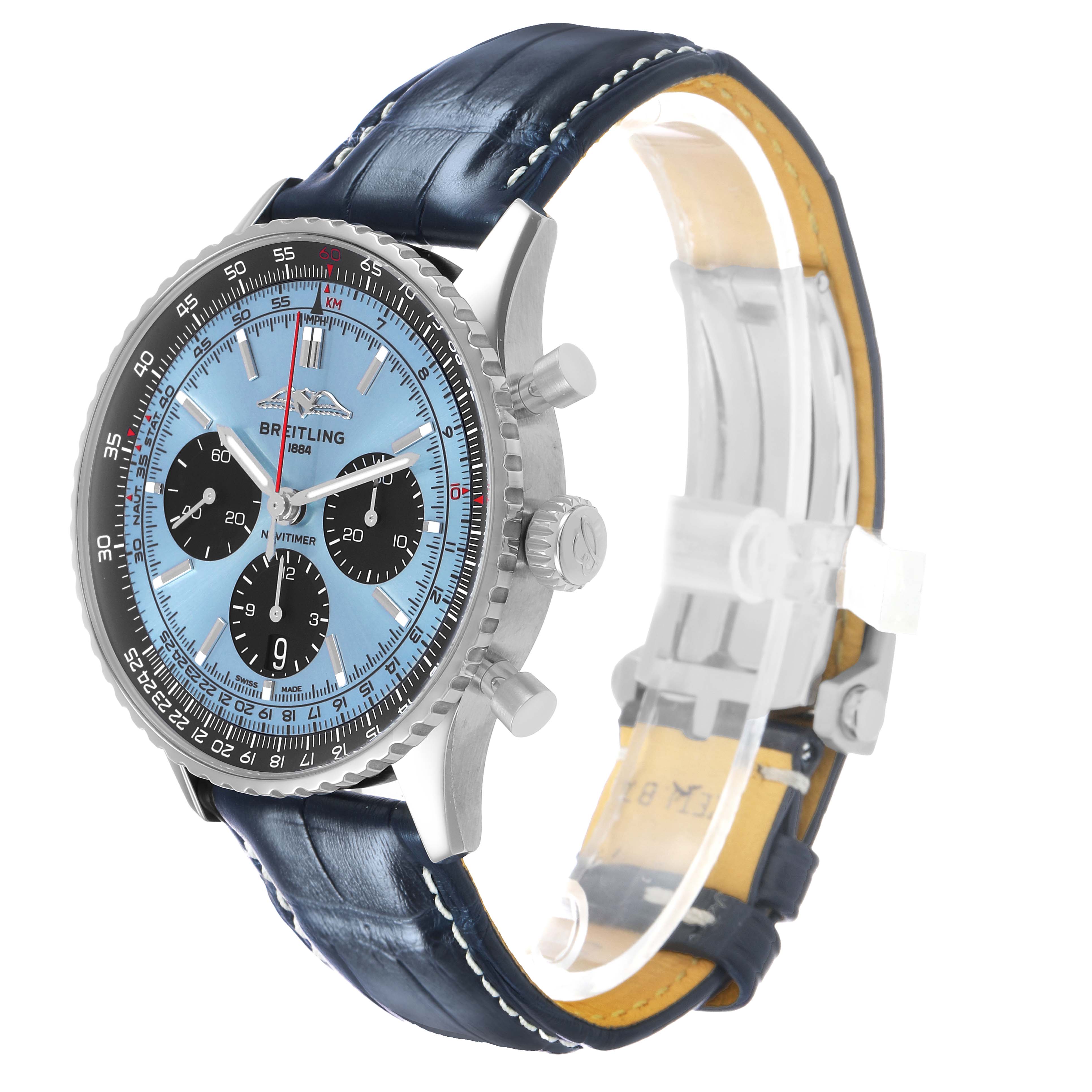 The Breitling Navitimer AB0138 Men's Stainless Steel Blue Dial watch is shown at a slight angle, highlighting its blue dial, chronograph subdials, and blue leather strap.