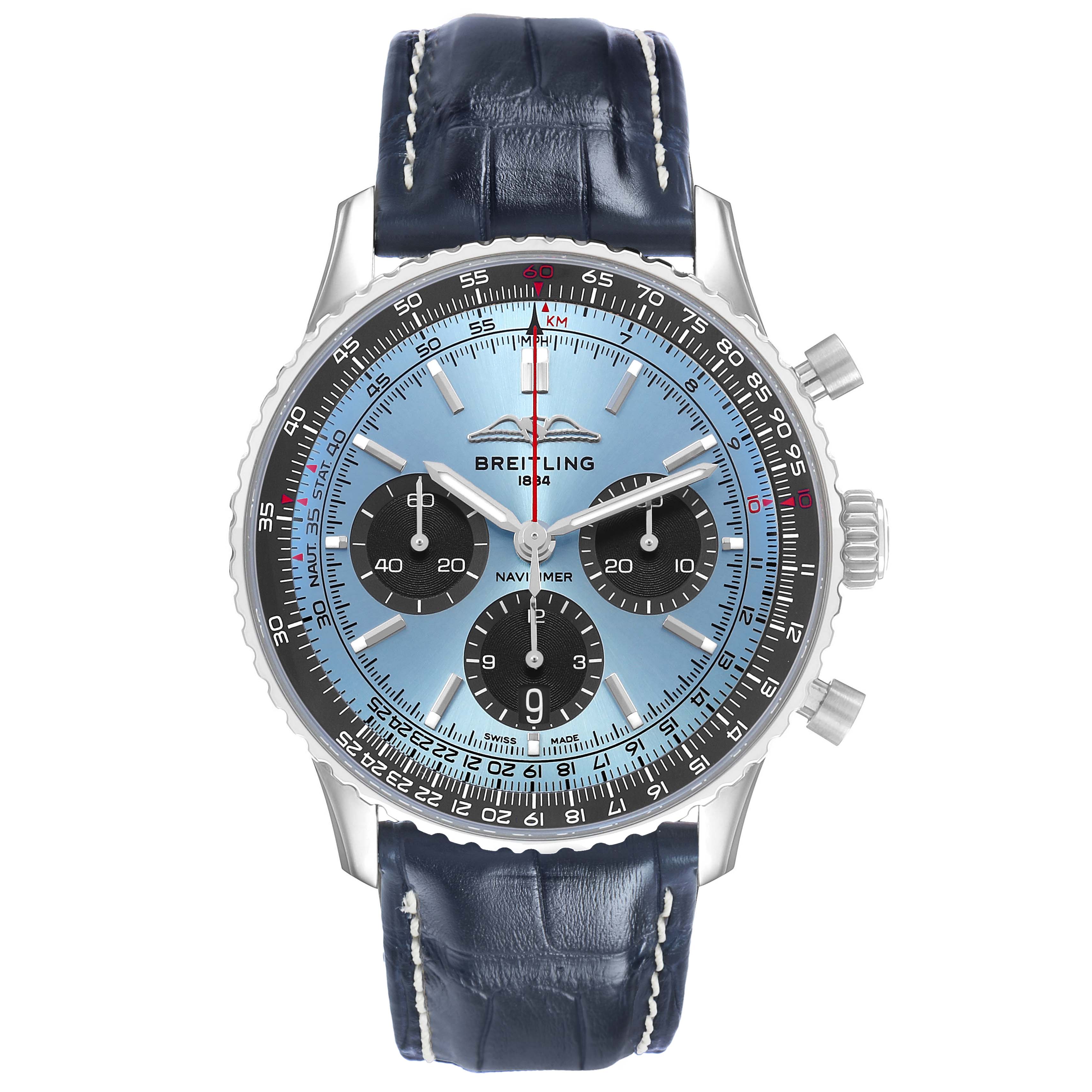 The image shows a front view of the Breitling Navitimer AB0138 Men's Stainless Steel Blue Dial watch, highlighting its blue dial, subdials, and leather strap.