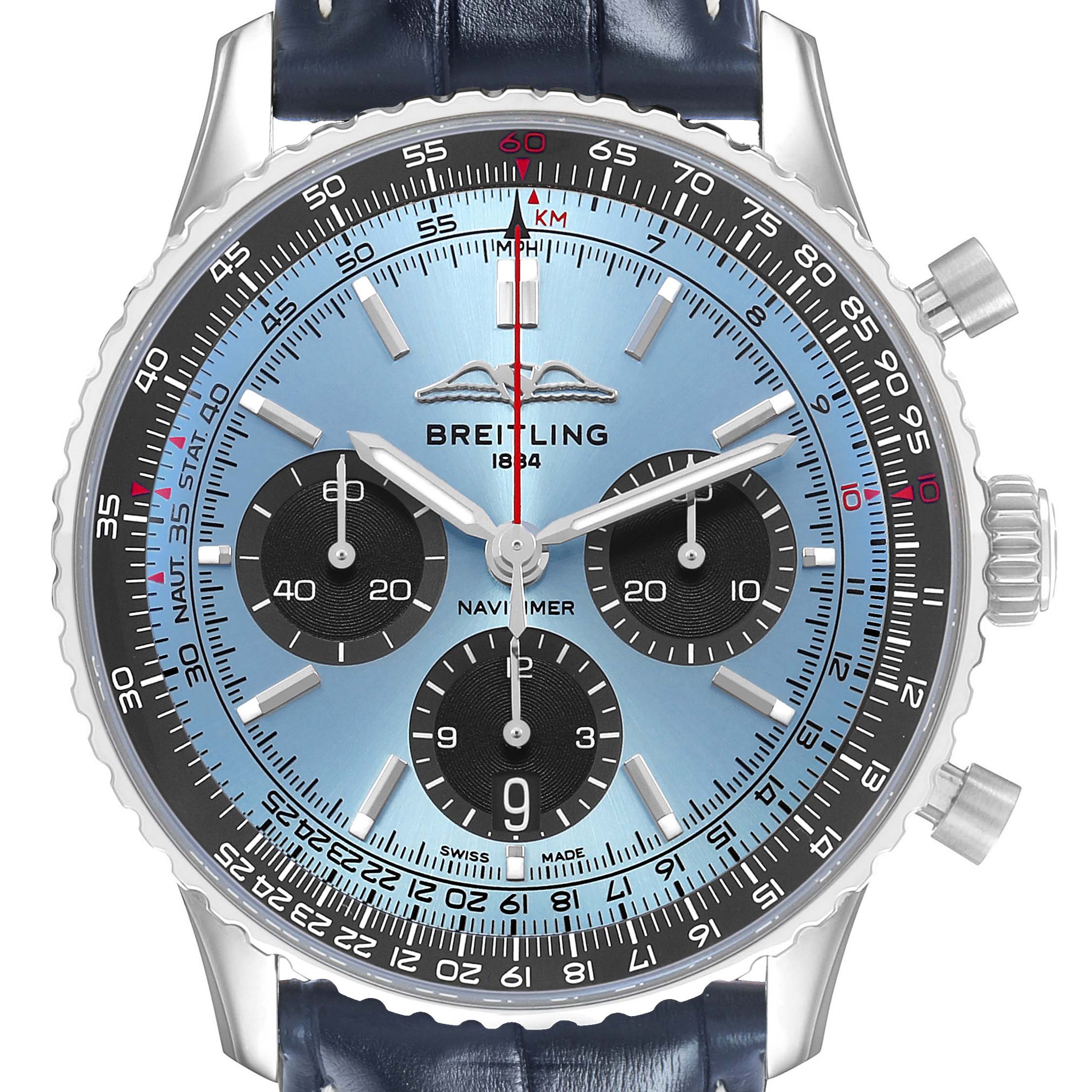 The Breitling Navitimer AB0138 Men's Stainless Steel Blue Dial is shown from a front view, highlighting the dial, subdials, and bezel, with a partial view of the strap.