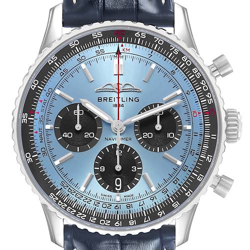 The Breitling Navitimer AB0138 Men's Stainless Steel Blue Dial is shown from the front, displaying the dial, chronograph subdials, and bezel.