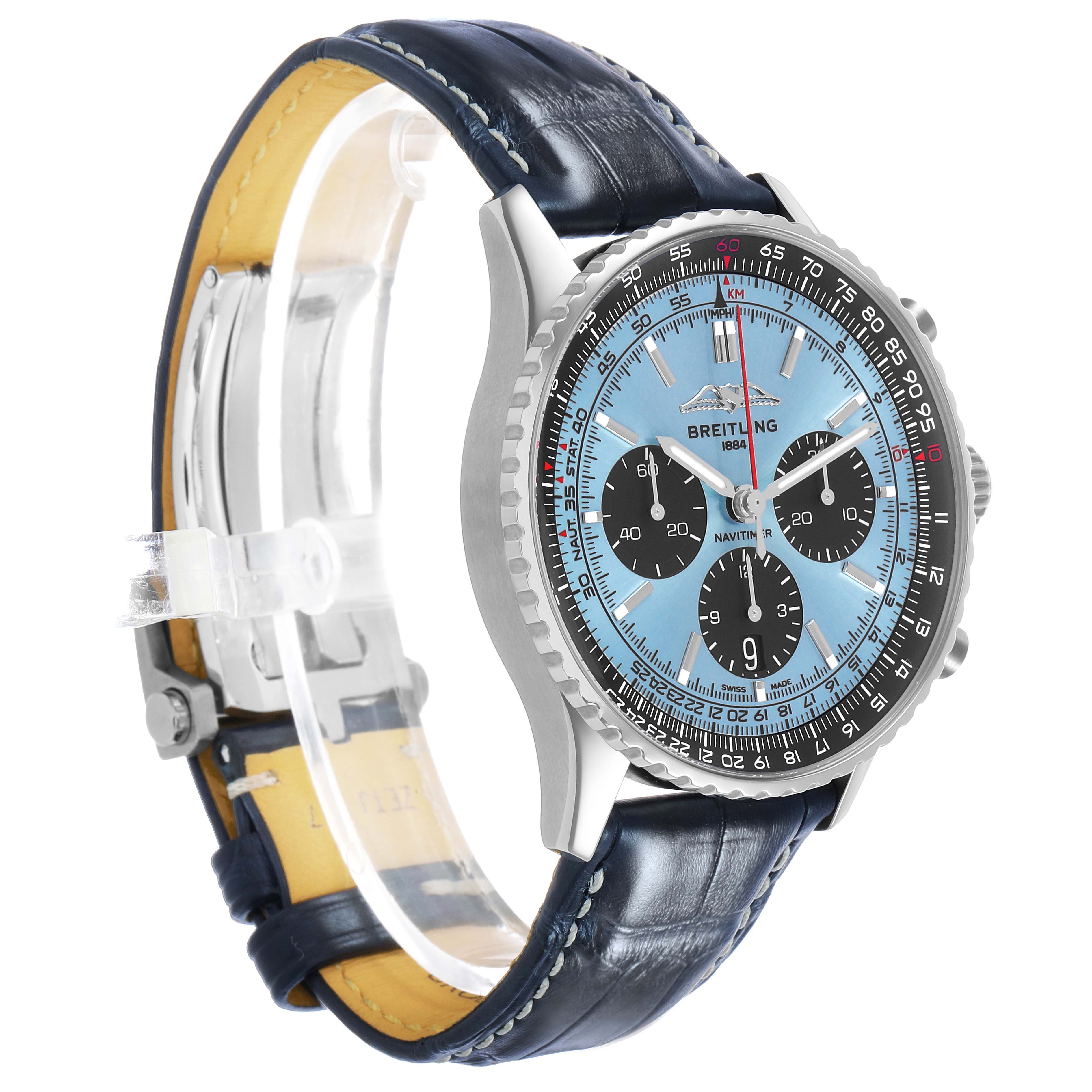 The Breitling Navitimer AB0138 Men's Stainless Steel Blue Dial watch is shown from a side angle, displaying the dial, bezel, and leather strap.