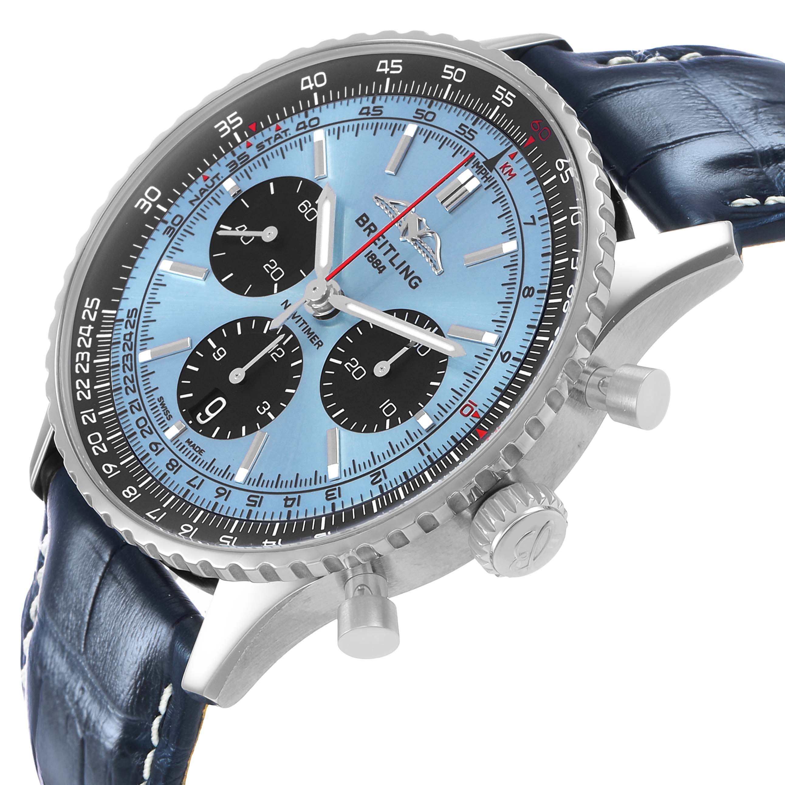 The Breitling Navitimer AB0138 Men's Stainless Steel Blue Dial watch is shown at an oblique angle, highlighting the face, bezel, pushers, and crown.