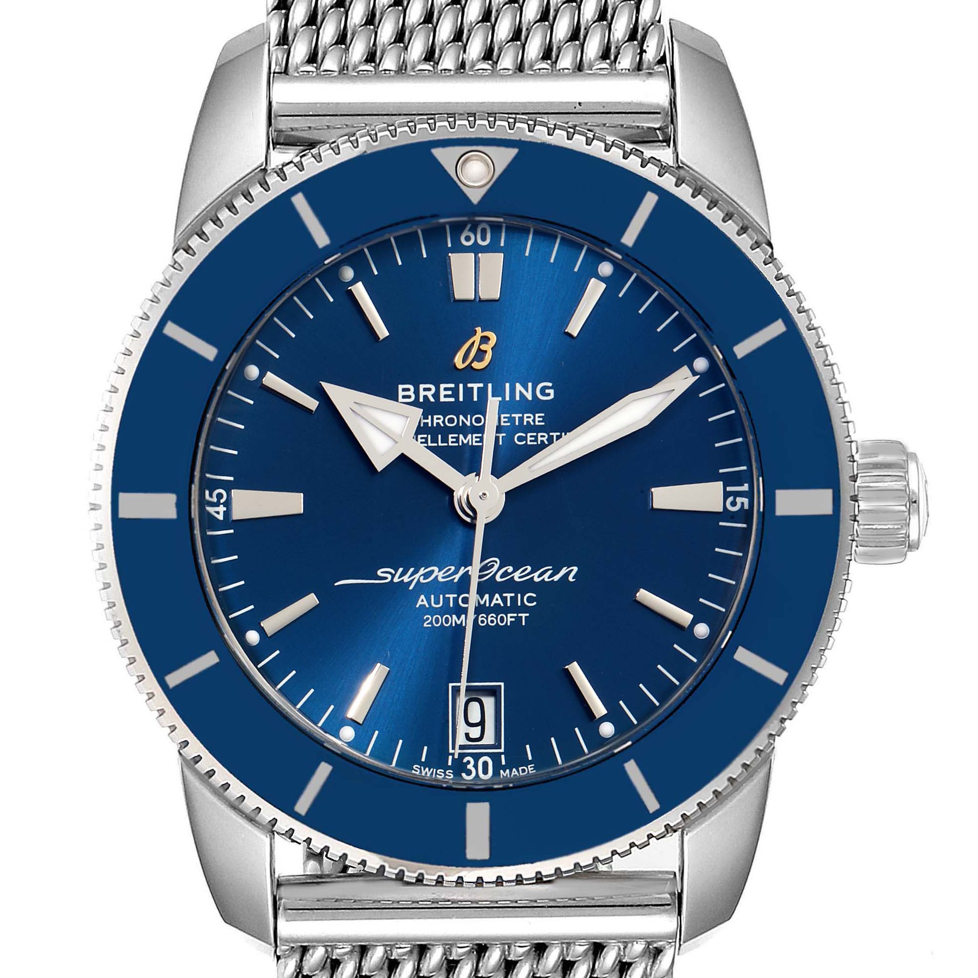 This Breitling Superocean AB2010161C1A1 Men
s Stainless Steel Blue Dial AB2010161C1A1 Men
s Stainless Steel Blue Dial watch is shown from a front angle, displaying its blue dial, stainless steel bezel, and mesh strap.