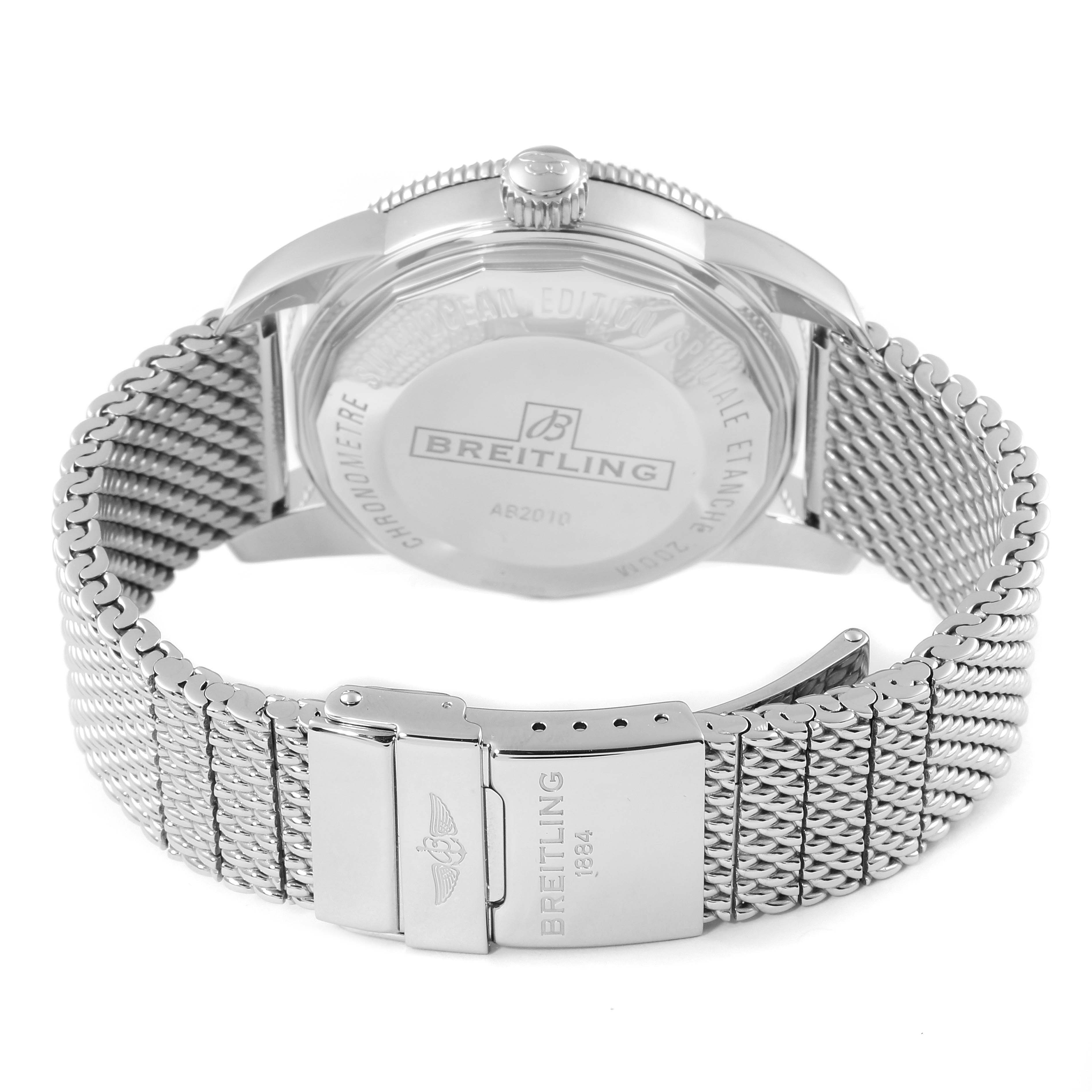 The image shows the back view of the Breitling Superocean AB2010161C1A1 Men
s Stainless Steel Blue Dial AB2010161C1A1 Men
s Stainless Steel Blue Dial watch, focusing on its case back, crown, and metal bracelet clasp.