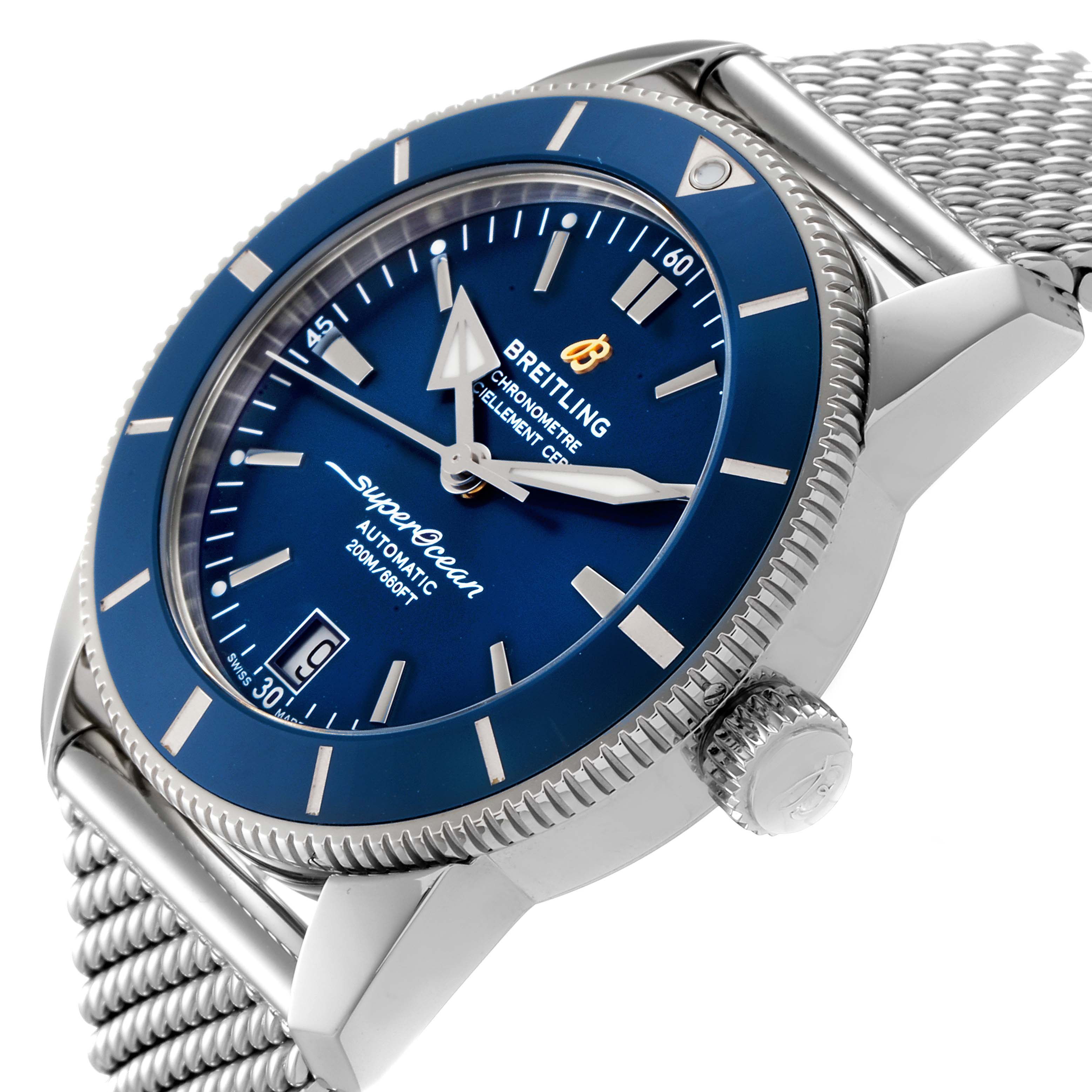 The image shows a close-up angle of the Breitling Superocean AB2010161C1A1 Men
s Stainless Steel Blue Dial AB2010161C1A1 Men
s Stainless Steel Blue Dial watch, highlighting the dial, bezel, crown, and mesh strap.