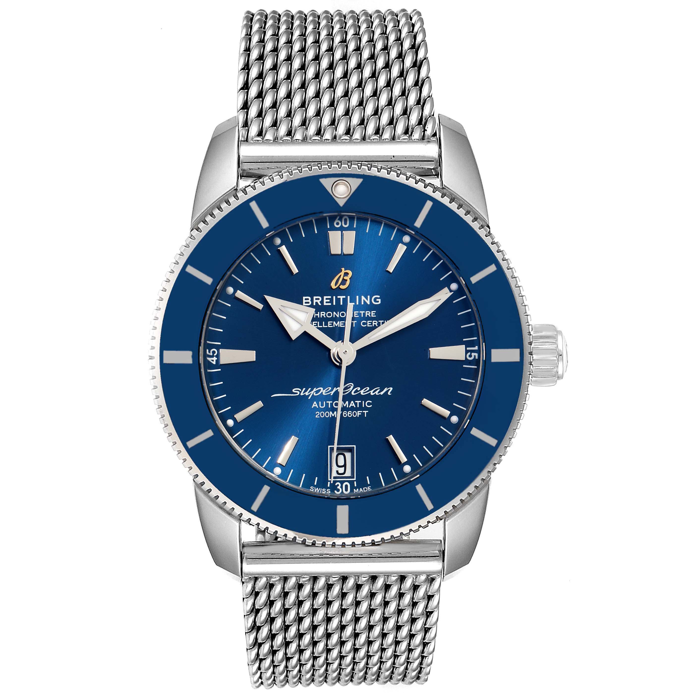 The image shows a front view of the Breitling Superocean AB2010161C1A1 Men
s Stainless Steel Blue Dial AB2010161C1A1 Men
s Stainless Steel Blue Dial watch with a blue dial and a silver mesh bracelet.