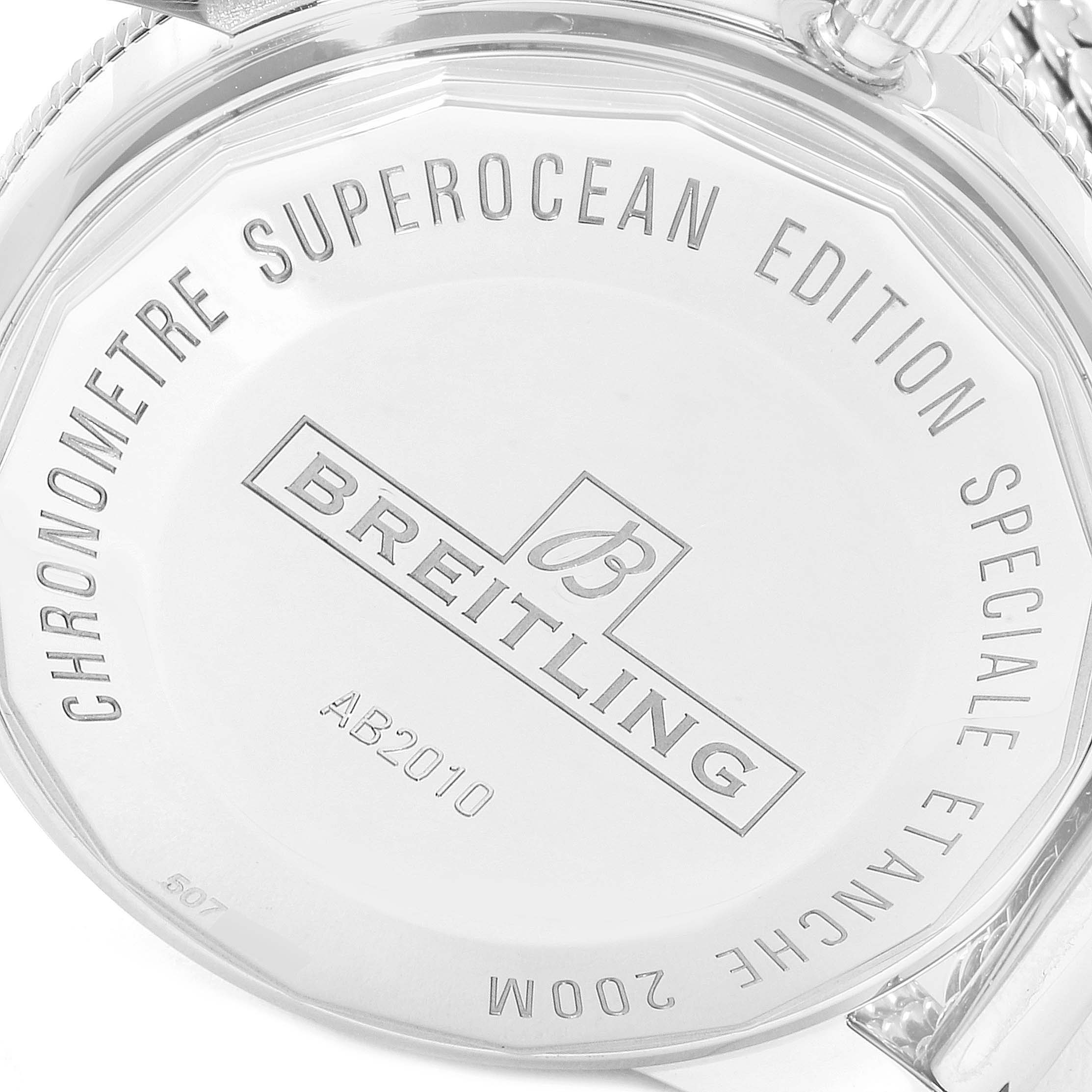 The image shows the case back of a Breitling Superocean AB2010161C1A1 Men
s Stainless Steel Blue Dial AB2010161C1A1 Men
s Stainless Steel Blue Dial watch, highlighting its markings and engravings.