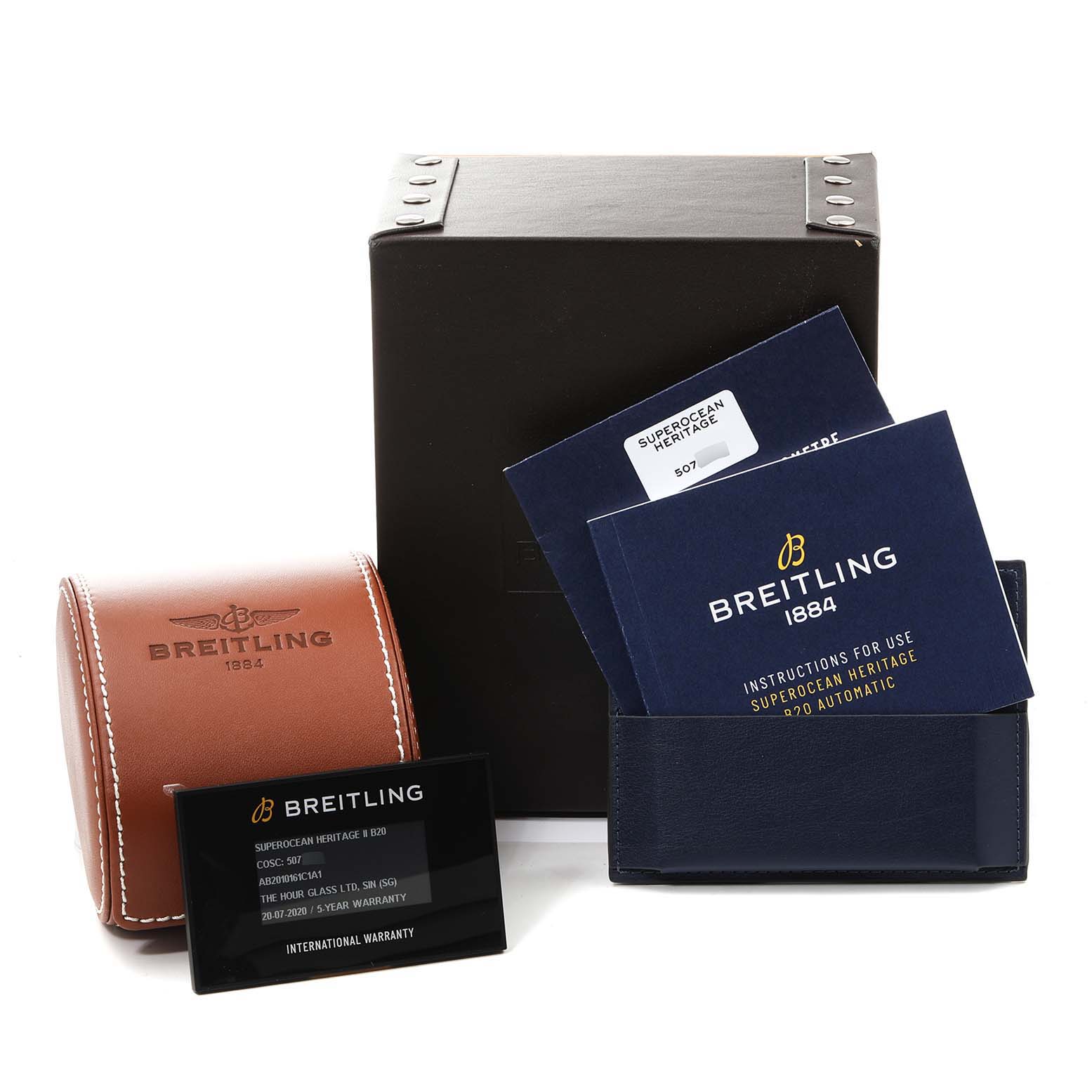 The image shows the packaging, instruction manuals, and warranty card for the Breitling Superocean AB2010161C1A1 Men
s Stainless Steel Blue Dial AB2010161C1A1 Men
s Stainless Steel Blue Dial watch model.