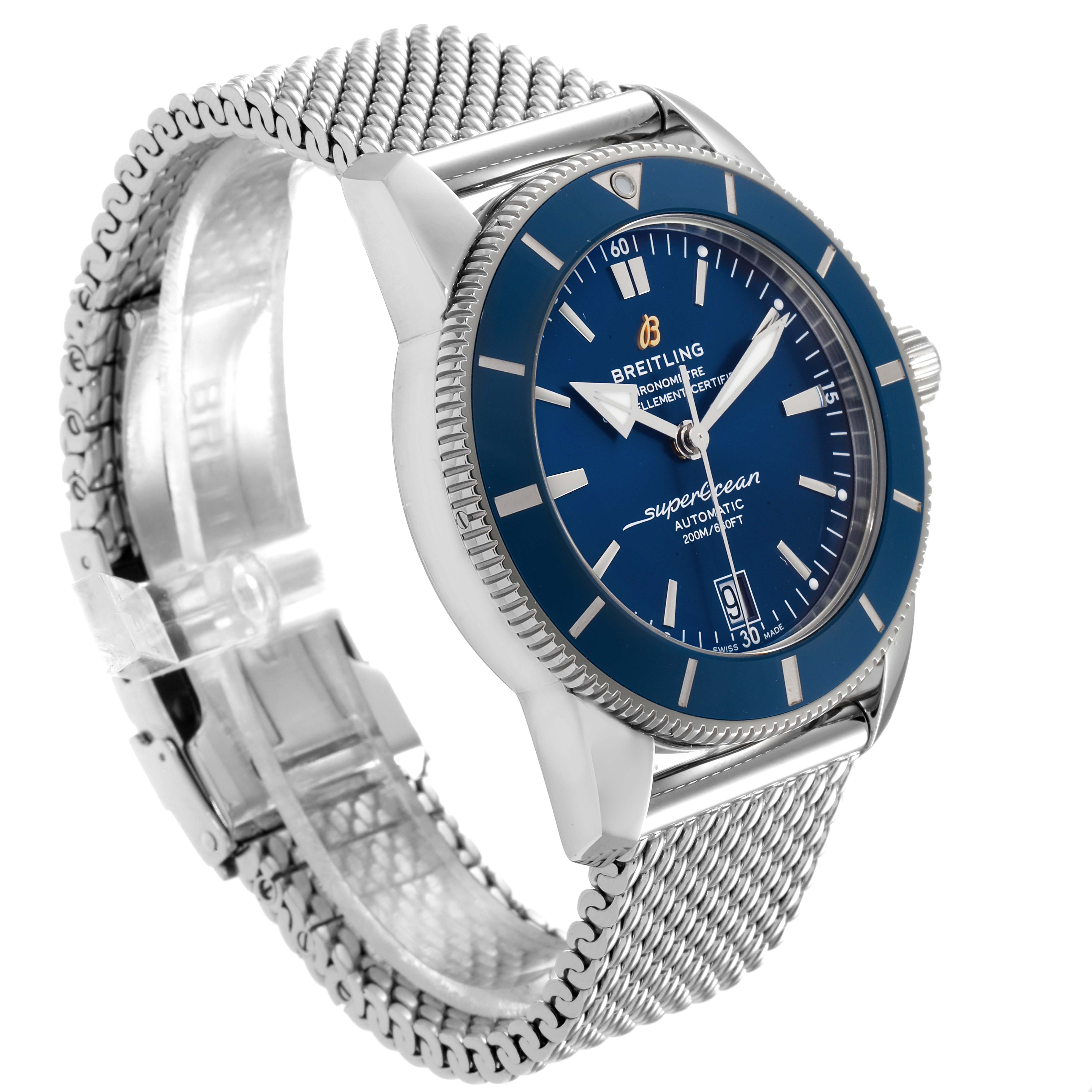 The Breitling Superocean AB2010161C1A1 Men
s Stainless Steel Blue Dial AB2010161C1A1 Men
s Stainless Steel Blue Dial watch is shown at a three-quarter angle, highlighting the face, bezel, and mesh bracelet.