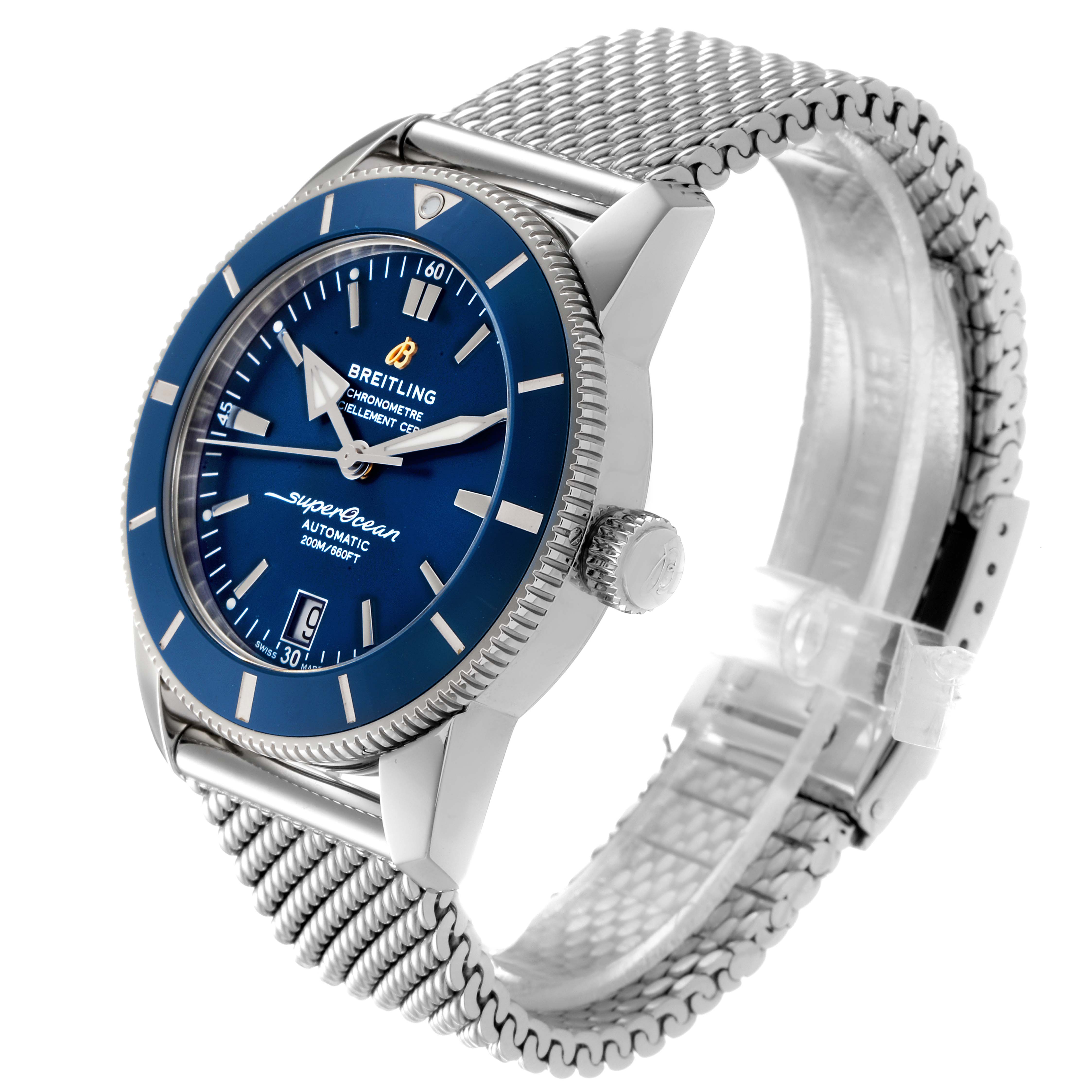 The Breitling Superocean AB2010161C1A1 Men
s Stainless Steel Blue Dial AB2010161C1A1 Men
s Stainless Steel Blue Dial watch is shown at a three-quarter angle, highlighting its blue dial, bezel, crown, and stainless steel mesh strap.