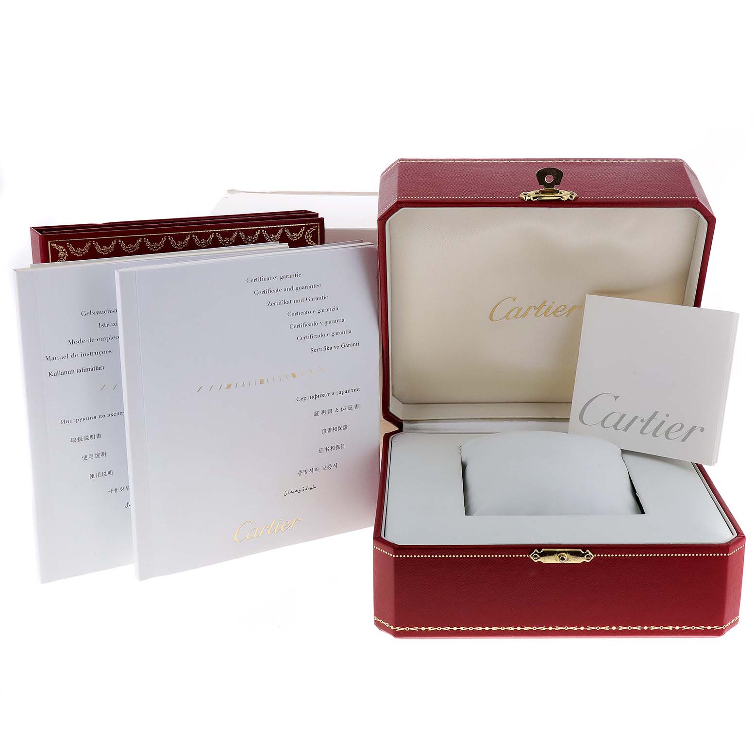 The image shows the packaging and documentation of a Cartier Ballon Bleu W6920098 Women's Steel and Gold (two tone) Mother of Pearl Dial W6920098 Women's Steel and Gold (two tone) Mother of Pearl Dial watch, including the watch box and paperwork.
